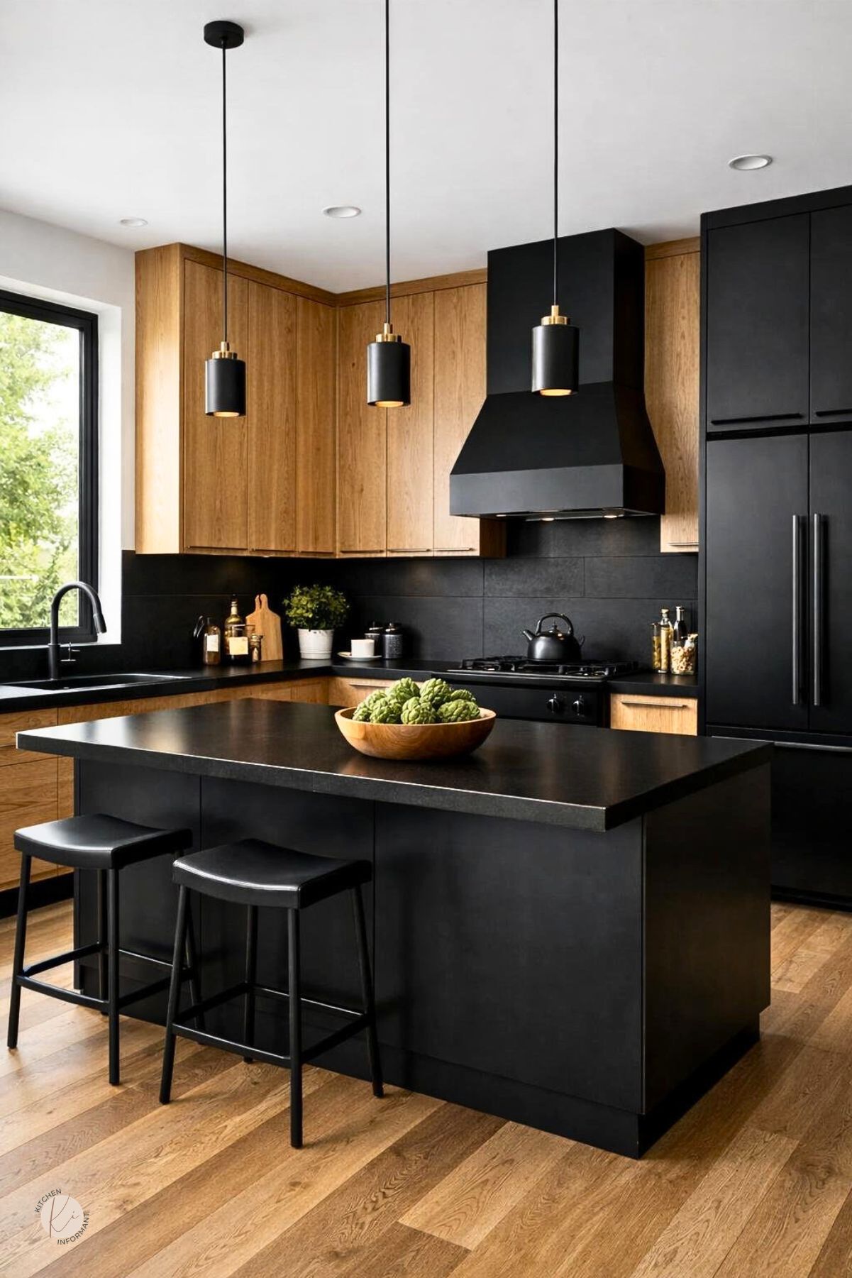 A modern kitchen with white oak cabinets and black countertops, illuminated by natural light from large windows.