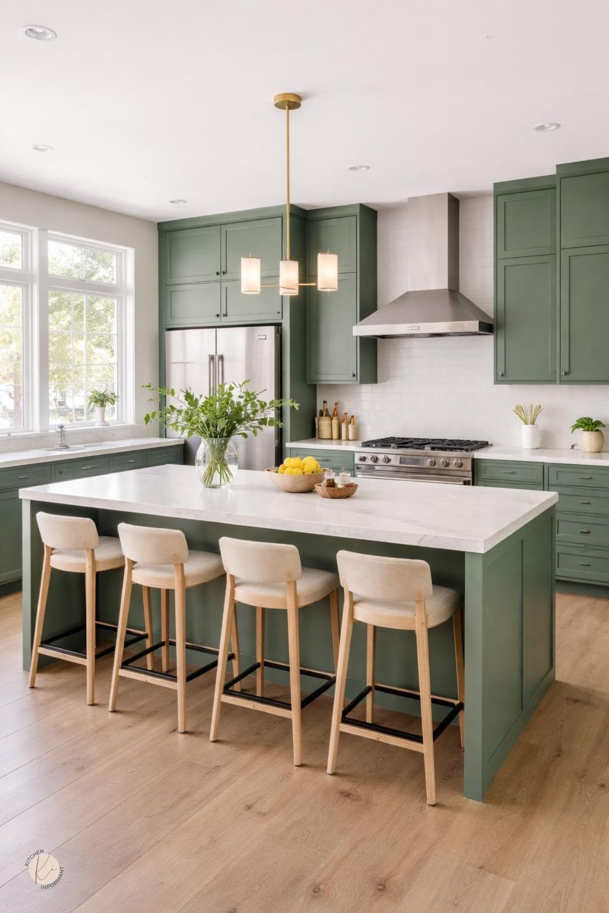 A modern kitchen with smoky jade green cabinets, stainless steel appliances, and a kitchen island with simple decor.
