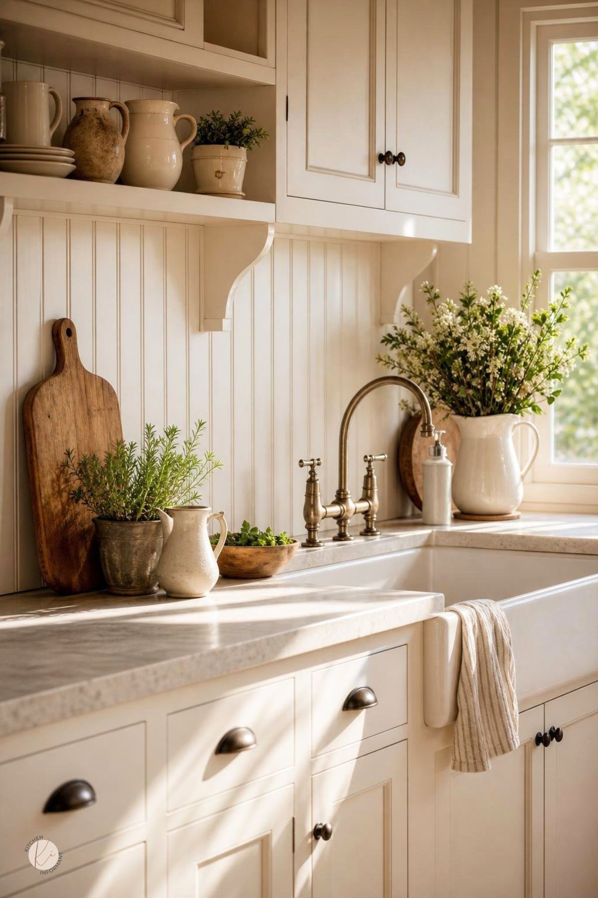 A bright cottage kitchen with white cabinetry and a beadboard backsplash, featuring a farmhouse sink and rustic kitchen accessories.