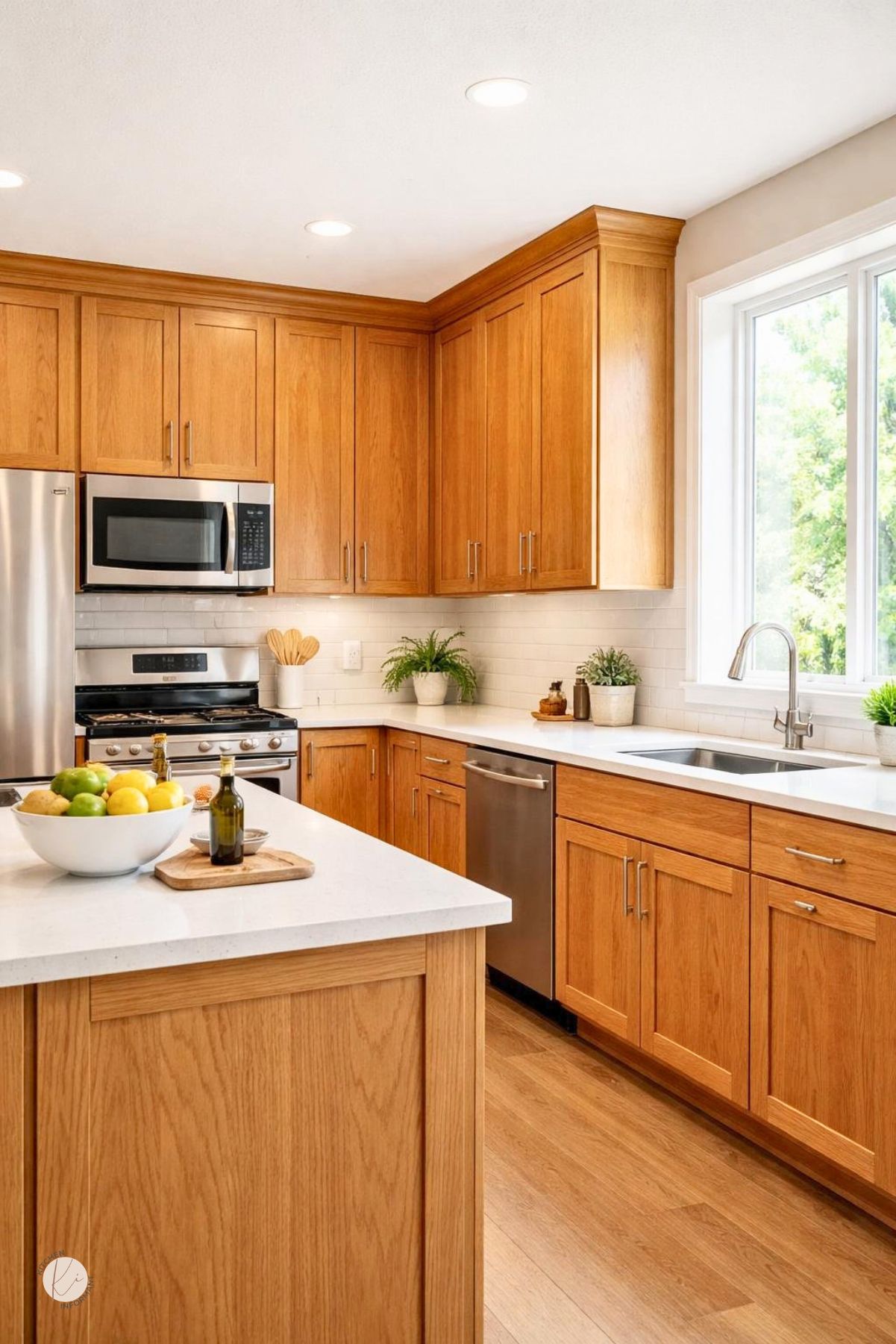 A bright kitchen featuring honey oak cabinets with a warm wood finish, stainless steel appliances, and natural light coming through large windows.