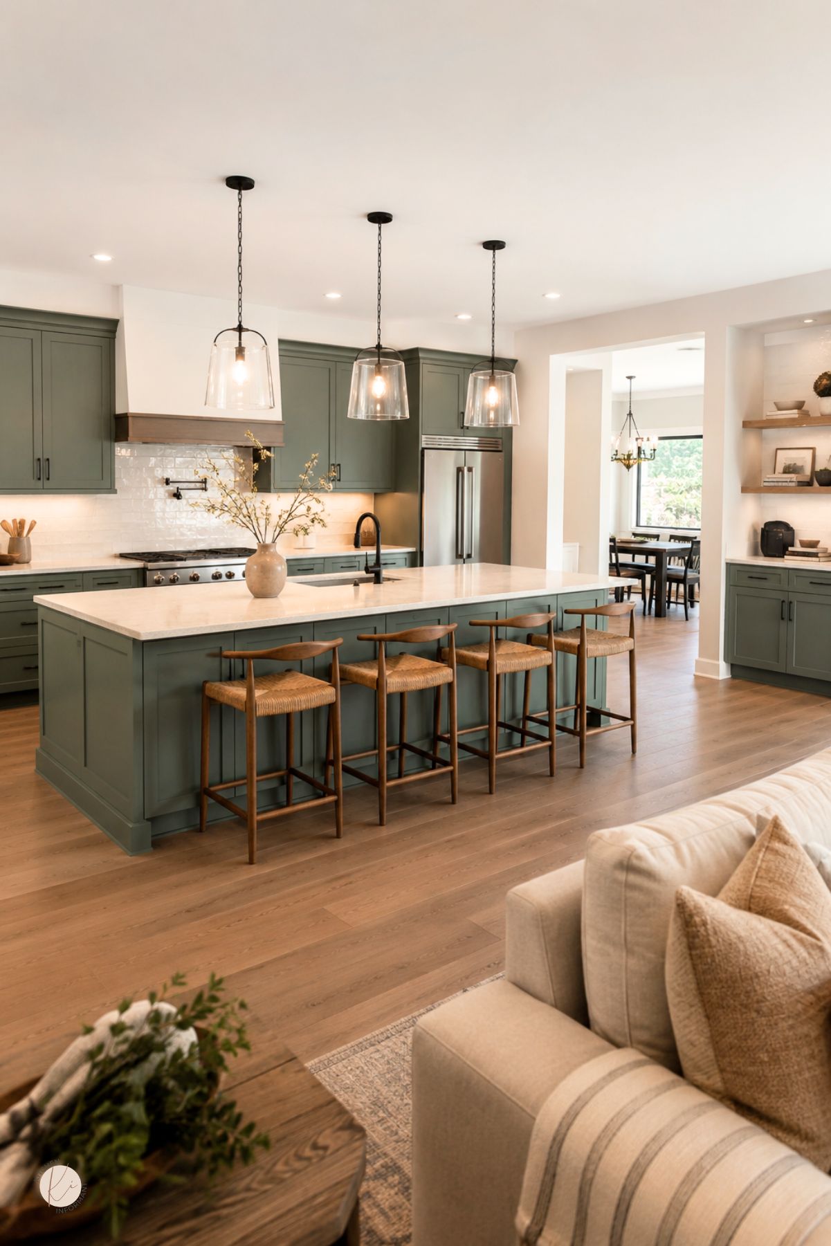 A modern kitchen with smoky jade green cabinets, white marble countertops, stainless steel appliances, and a kitchen island with bar stools.