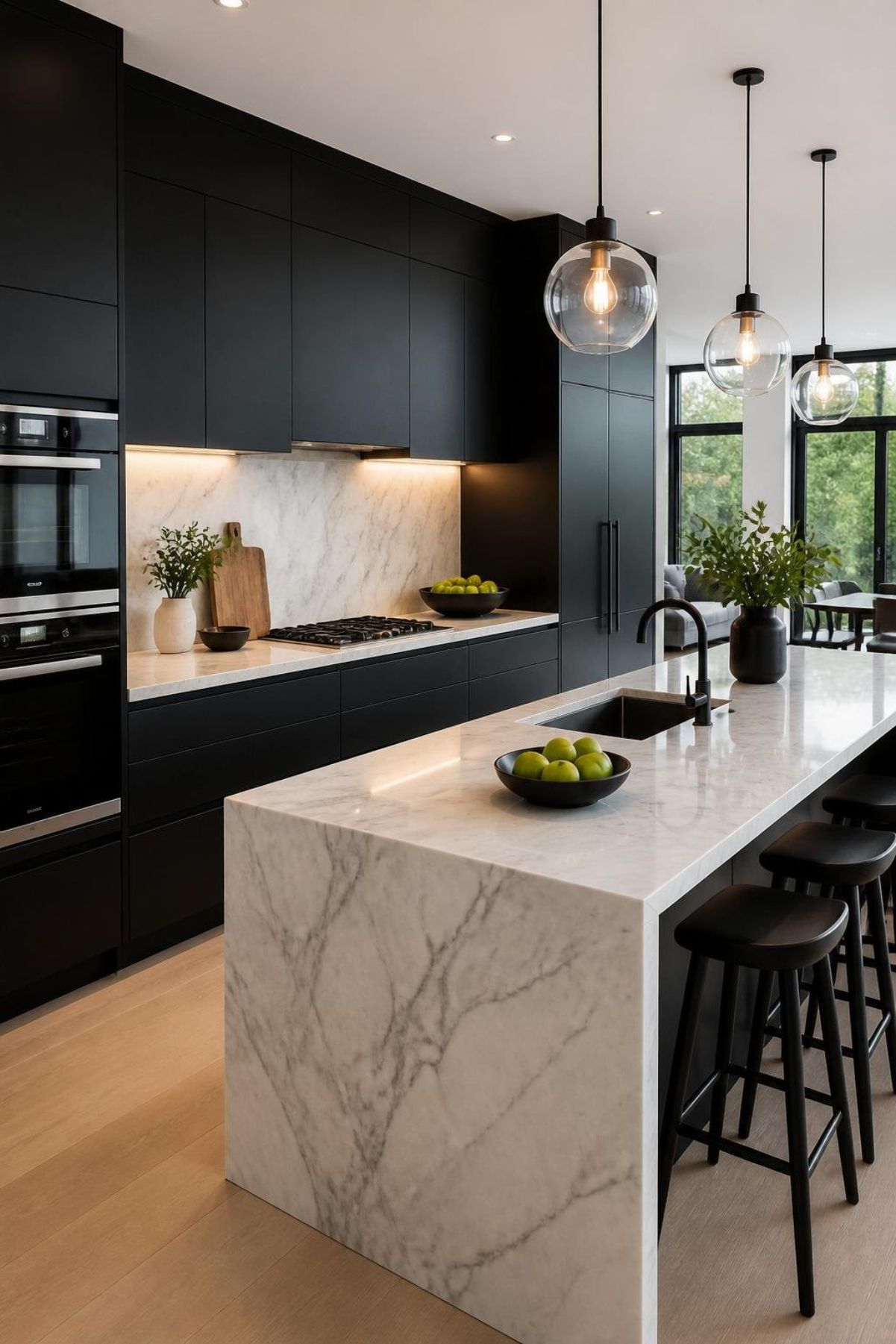 Contemporary kitchen with flat black cabinets, white marble countertops, and a waterfall island. Glass globe pendant lights, black faucet, built-in ovens, marble backsplash, black bar stools, and light wood floors create a sleek modern kitchen design.