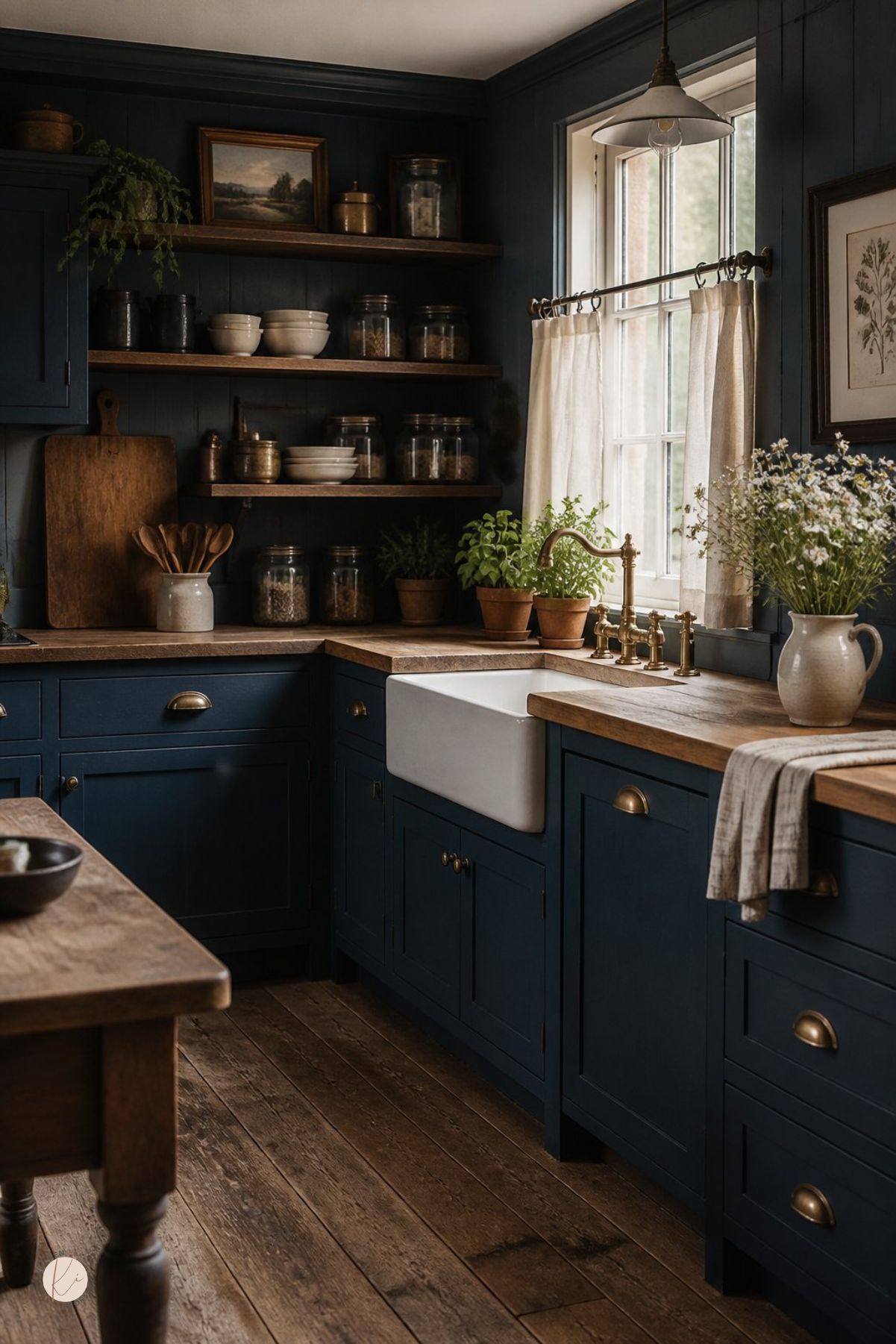 Moody cottage kitchen with navy blue cabinets, wood countertops, farmhouse sink, brass faucet, open shelves, glass pantry jars, potted herbs, sheer cafe curtains, rustic wood floors, and vintage brass hardware.