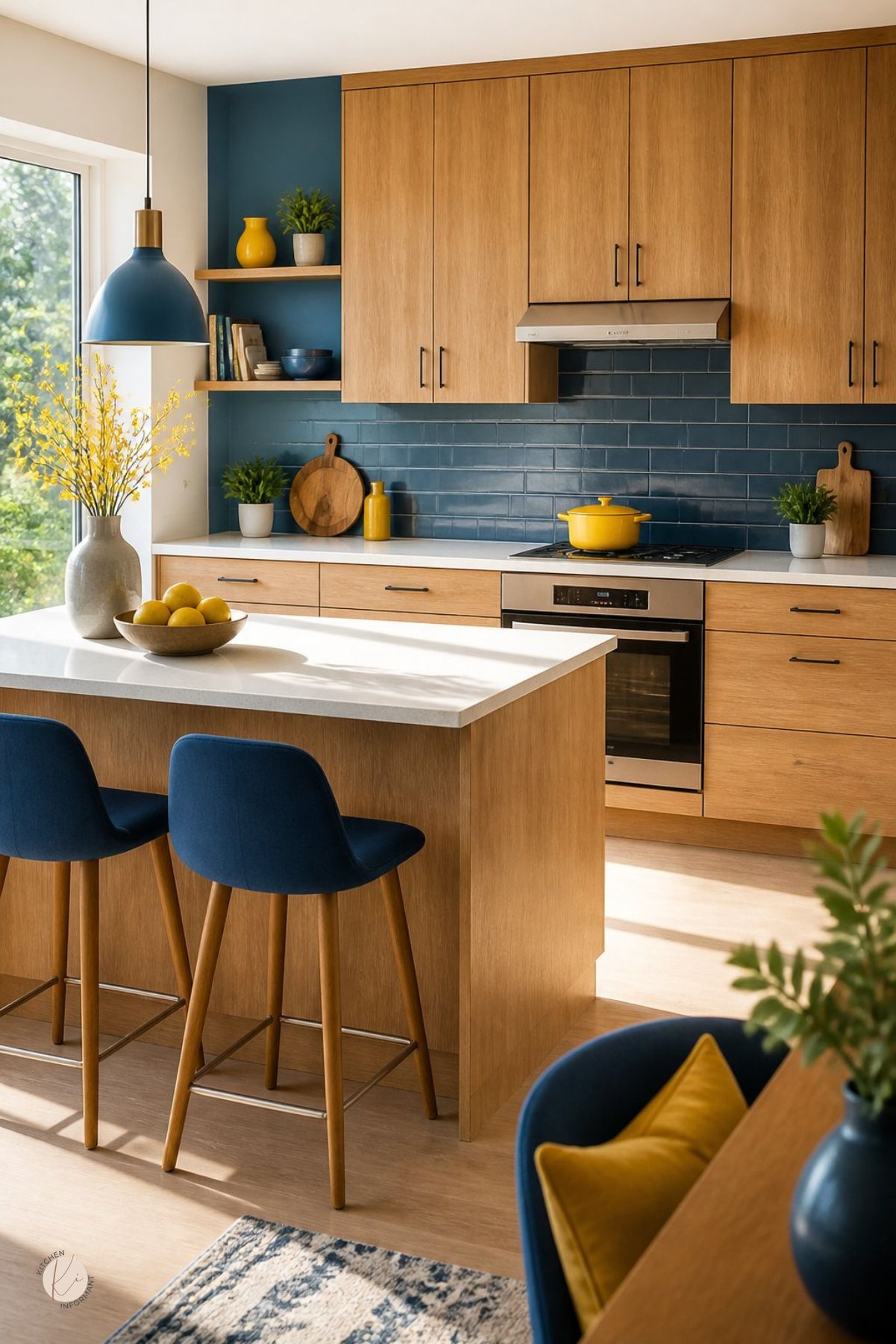 Blue and wood kitchen with warm oak cabinets, glossy blue tile backsplash, white countertops, blue bar stools, yellow accents, potted greenery, bowl of lemons, stainless range, wood island, blue pendant light, open shelves, and light wood floors.