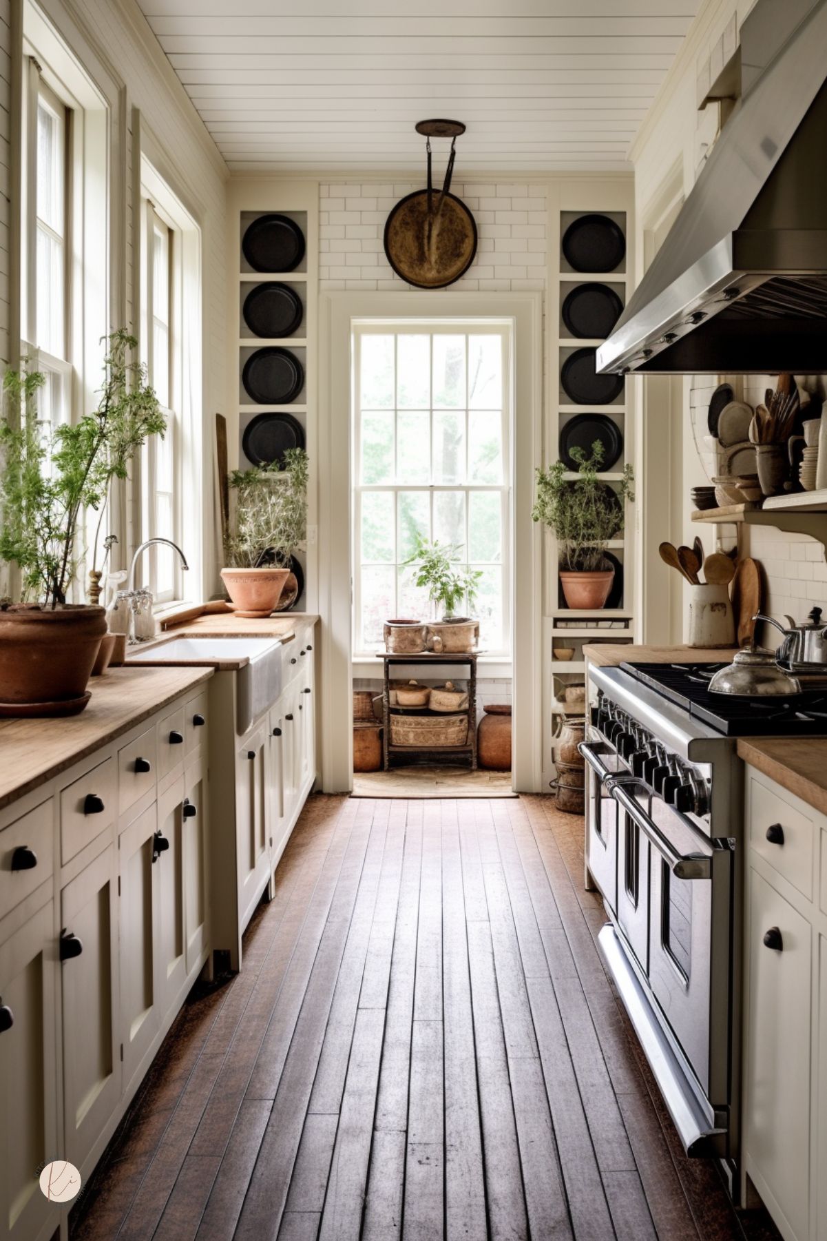 Bright farmhouse galley kitchen with cream shaker cabinets, wood countertops, black hardware, white farmhouse sink, stainless range, large vent hood, wood floors, potted herbs, plate display shelves, and white subway tile.