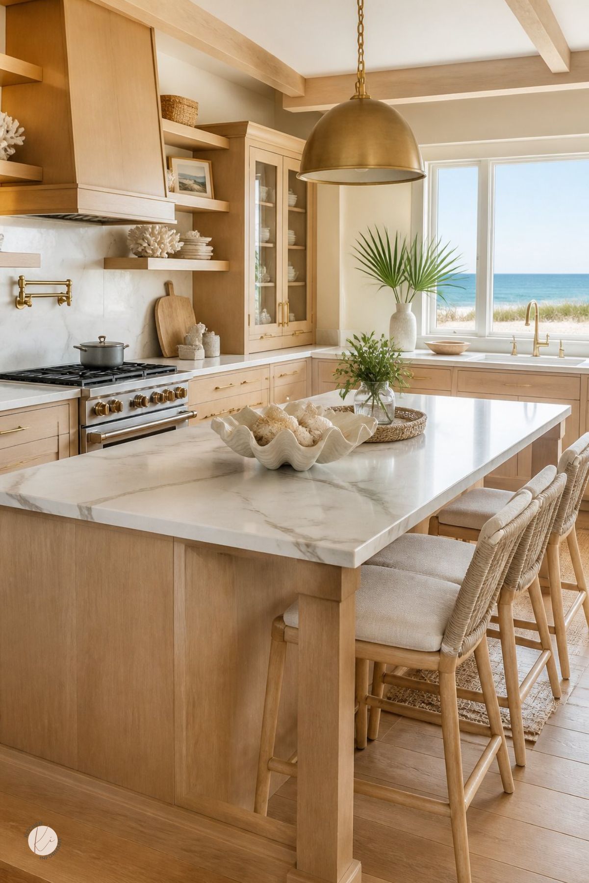 Coastal kitchen with light wood cabinets, marble island, brass pendant light, open shelves, woven bar stools, brass fixtures, palm greenery, shell decor, and large windows overlooking the beach and ocean.