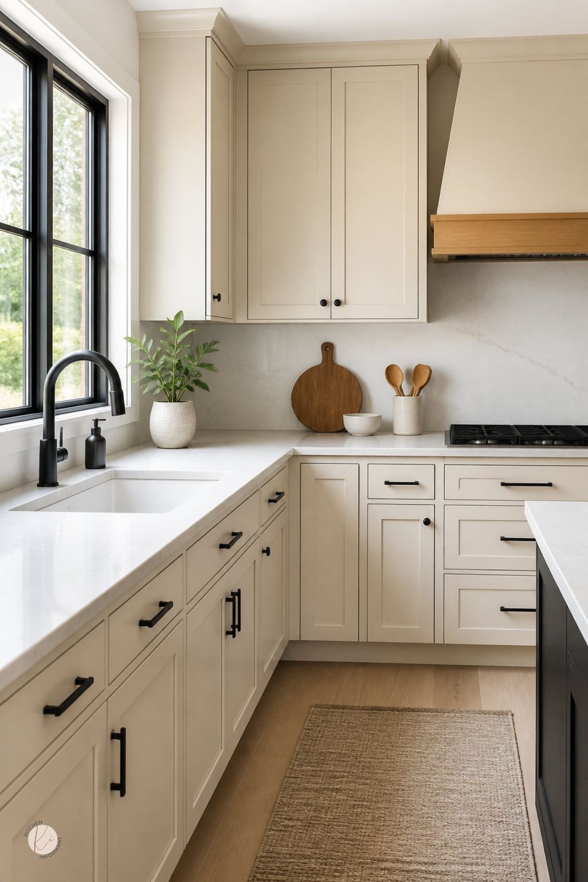 Cream kitchen with black hardware, white countertops, black-framed window, black faucet, light wood floors, beige range hood with wood trim, marble slab backsplash, potted greenery, woven runner rug, and a black island edge.