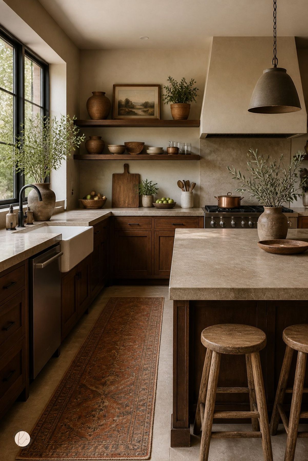 Warm rustic kitchen with dark wood cabinets, beige stone countertops, open wood shelves, a farmhouse sink, black window frames, a plaster range hood, copper pot, vintage runner rug, clay vases, greenery, and wood stools at a kitchen island.