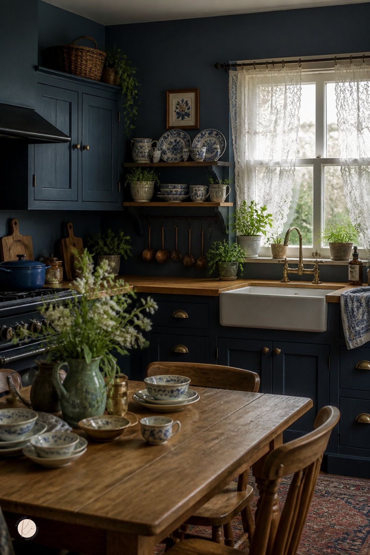 Moody cottage kitchen with deep navy cabinets, wood countertops, farmhouse sink, brass faucet, lace curtains, open shelves with blue and white dishes, hanging copper utensils, potted herbs, rustic dining table, vintage rug, and fresh flowers.