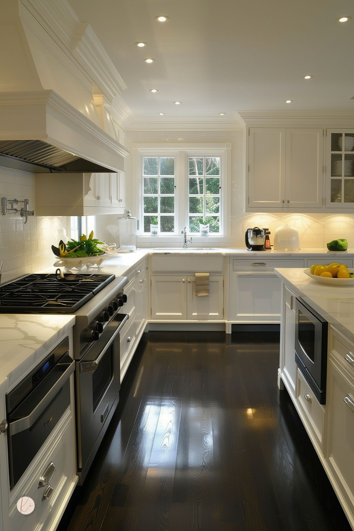 Bright white kitchen with shaker cabinets, marble countertops, glossy black wood floors, farmhouse sink, stainless range, paneled range hood, white tile backsplash, glass-front cabinets, recessed lighting, and a kitchen island with a bowl of lemons.