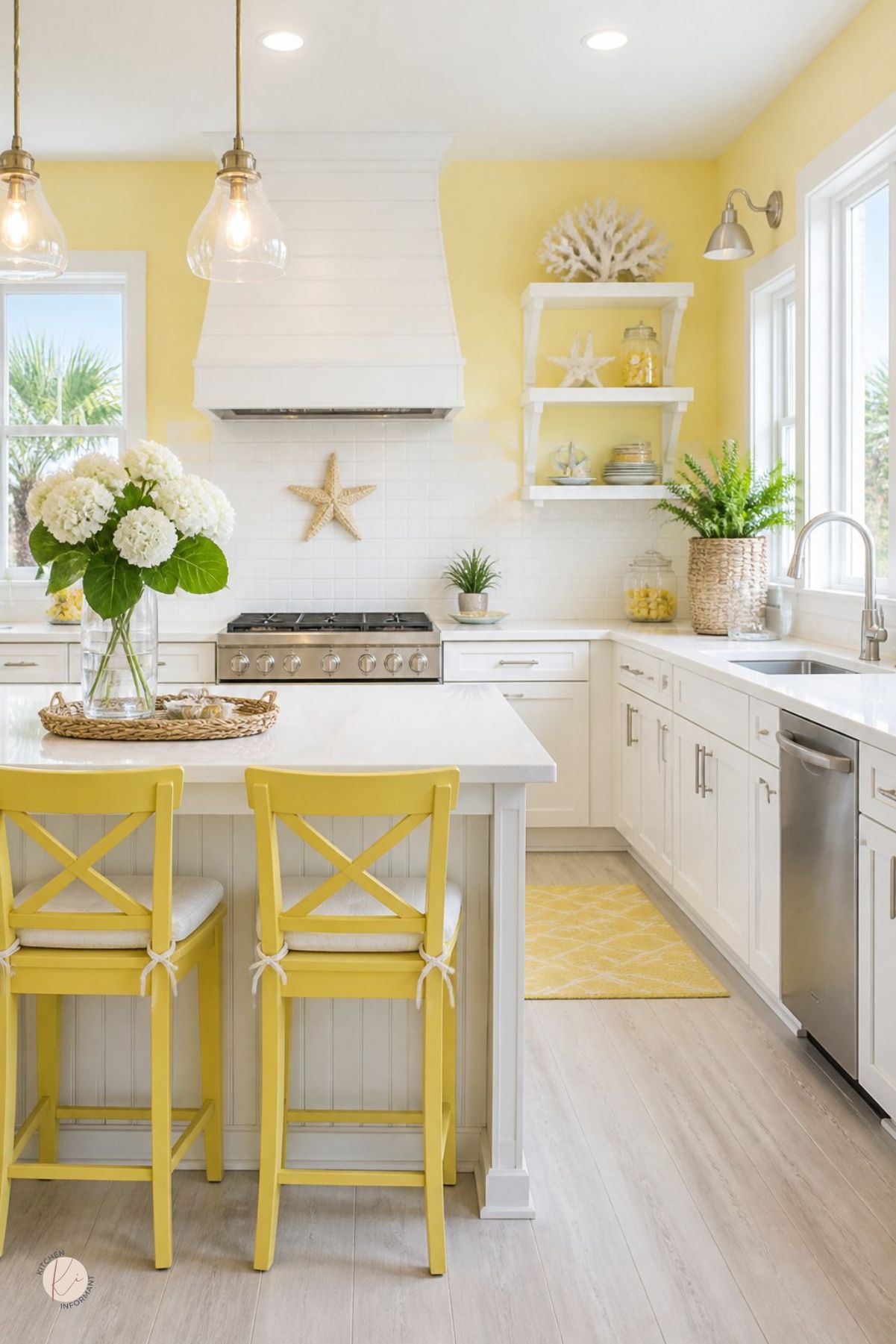 Bright coastal kitchen with white cabinets, yellow walls, yellow bar stools, glass pendant lights, white range hood, stainless appliances, white countertops, yellow rug, coral and starfish decor, potted fern, and white hydrangeas on the island.