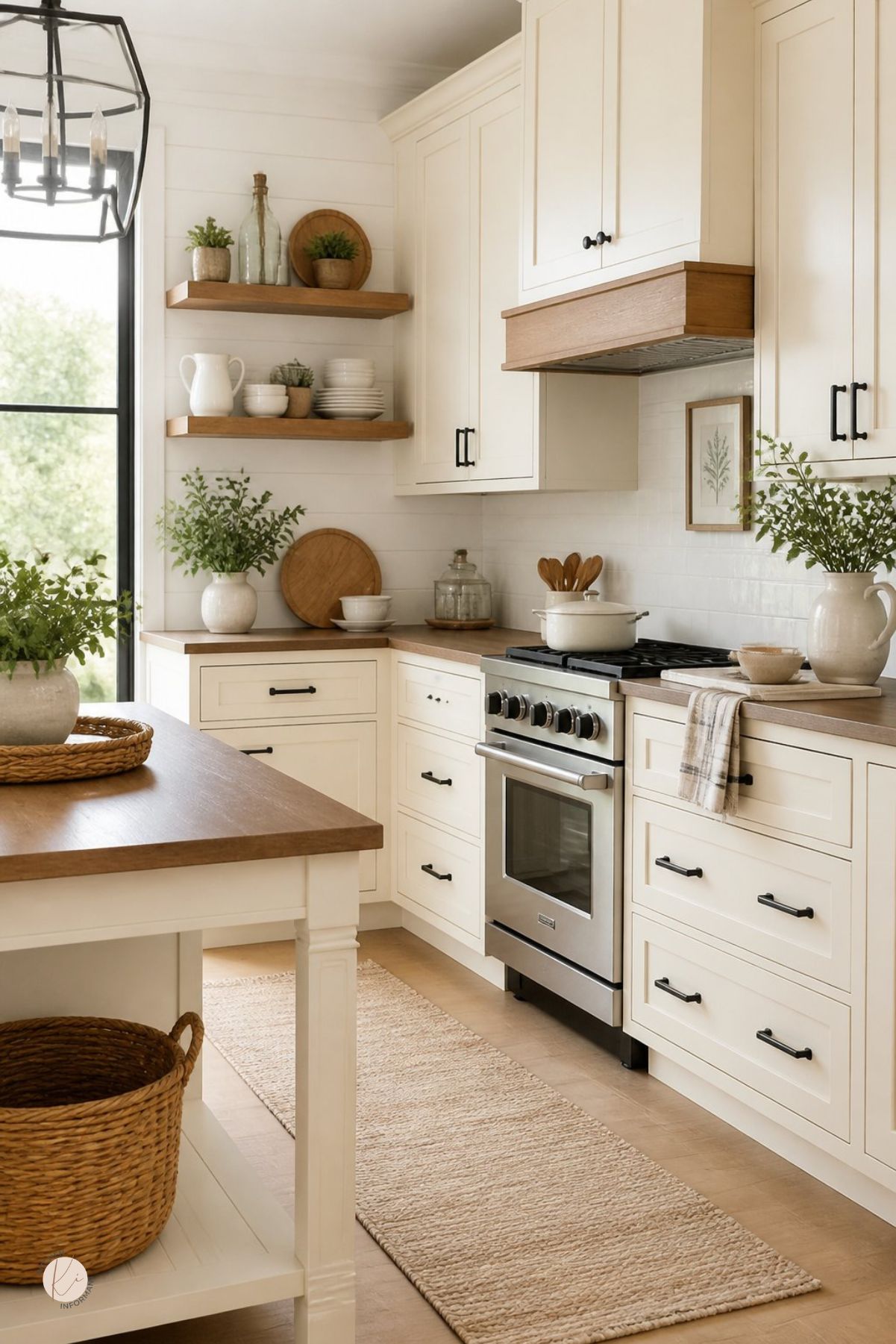 Cream kitchen with black hardware, wood countertops, open wood shelves, stainless range, white subway tile backsplash, wood-trim range hood, black-framed window, woven runner rug, basket storage, potted greenery, and a cream island with a wood top.
