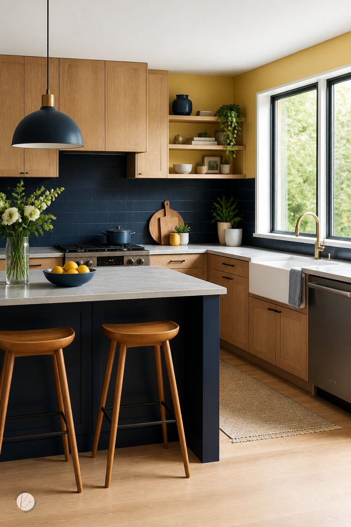 Blue, yellow, and wood kitchen with navy island and backsplash, warm oak cabinets, yellow walls, white countertops, farmhouse sink, brass faucet, black-framed window, open shelves, potted greenery, lemons, wood stools, and light wood floors.