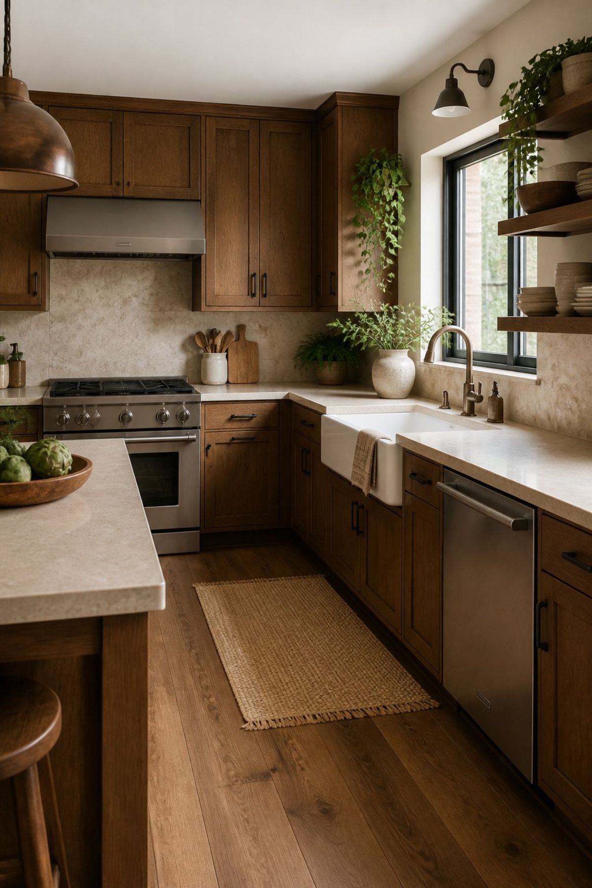 Warm wood kitchen with beige stone countertops, farmhouse sink, stainless range, open shelves, black-framed window, potted greenery, woven runner rug, brass faucet, black hardware, and a large island with artichokes in a wooden bowl.