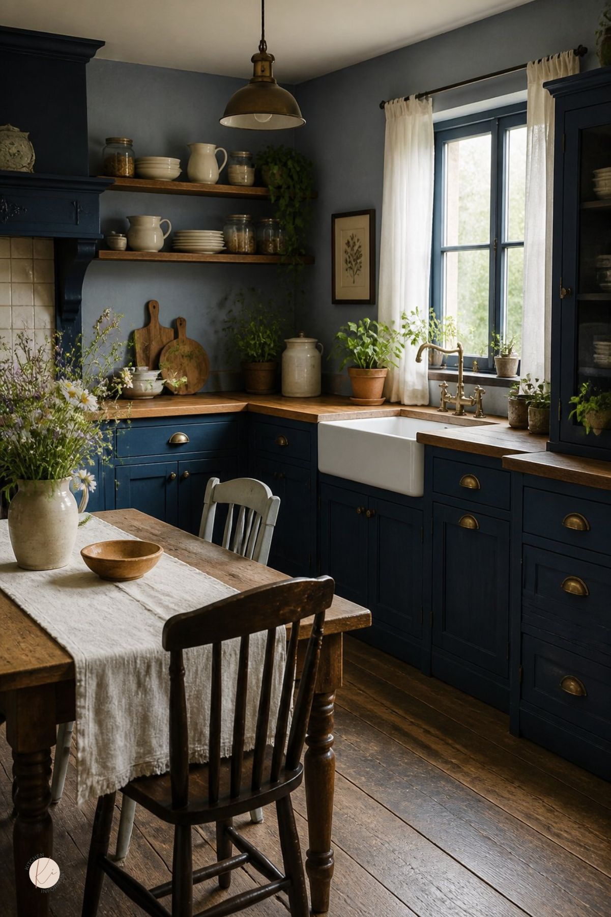 Moody cottage kitchen with deep navy cabinets, wood countertops, farmhouse sink, brass bridge faucet, open wood shelves, potted herbs, white curtains, vintage pendant light, rustic wood floors, and a farmhouse table with fresh flowers.