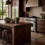 Rustic kitchen with dark wood cabinets, wood island, beige brick backsplash, plaster range hood, stainless range, black-framed window, pendant light, wood stools, stone tile floor, potted herbs, and bowls of greens and limes on the island.