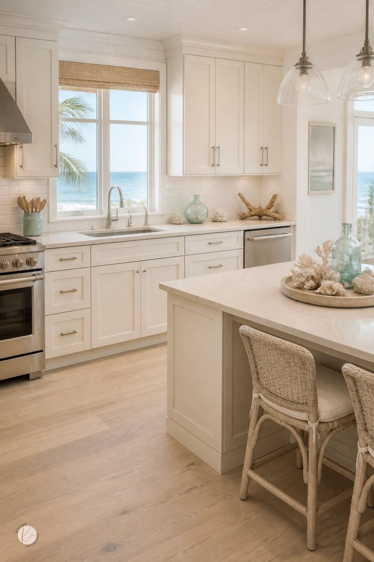 Coastal kitchen with cream shaker cabinets, light wood floors, white countertops, stainless range, farmhouse sink, glass pendant lights, woven bar stools, bamboo shade, ocean view windows, sea glass bottles, coral decor, and driftwood centerpiece.