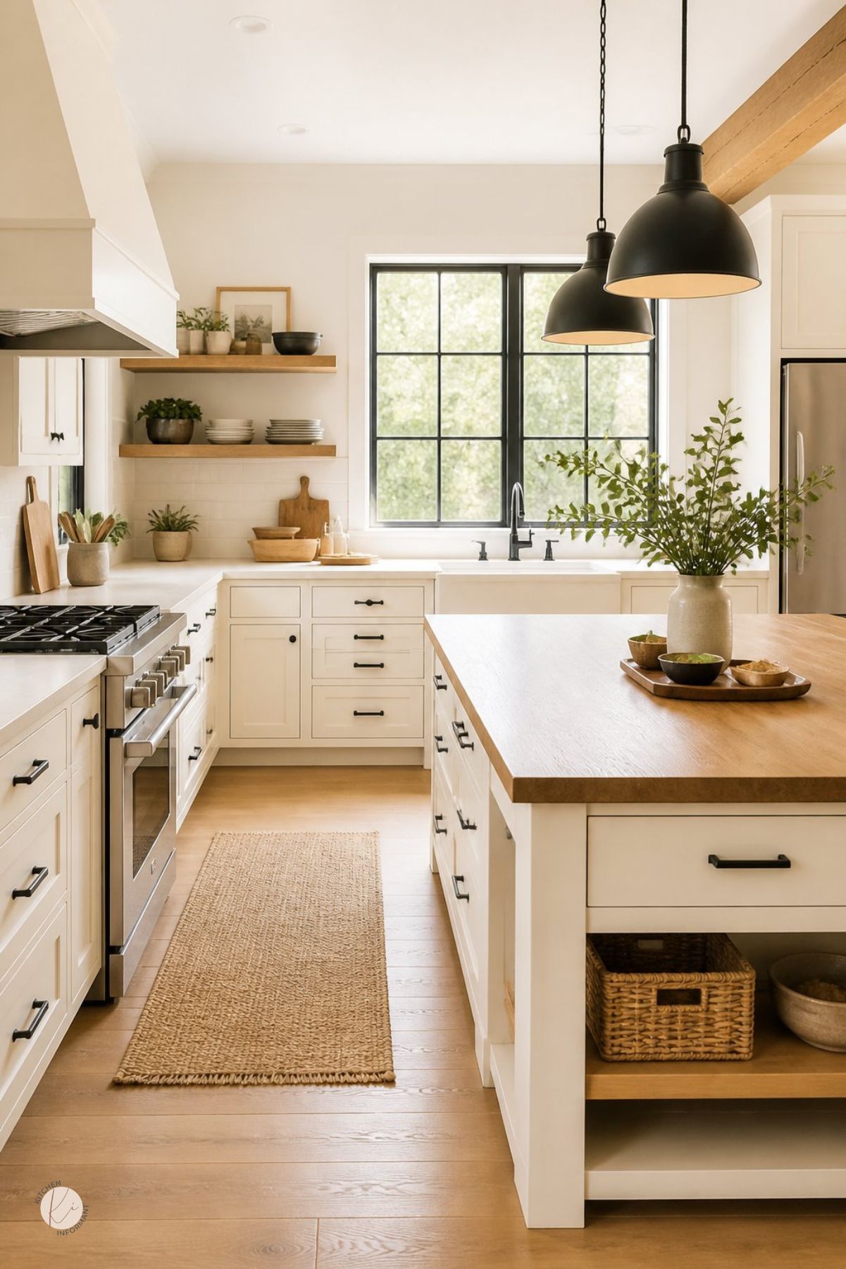 Cream kitchen with black hardware, wood island top, black pendant lights, black-framed window, stainless range, farmhouse sink, open wood shelves, woven runner rug, basket storage, light wood floors, and potted greenery on the island.