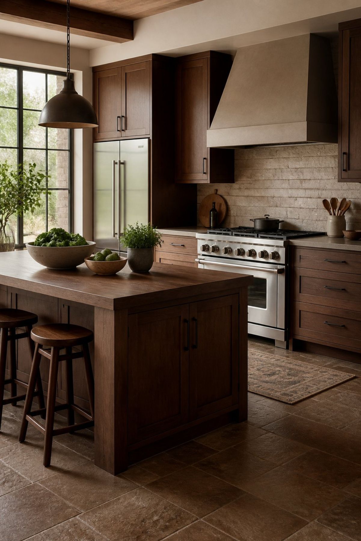 Rustic kitchen with dark wood cabinets, wood island, beige brick backsplash, plaster range hood, stainless range, black-framed window, pendant light, wood stools, stone tile floor, potted herbs, and bowls of greens and limes on the island.