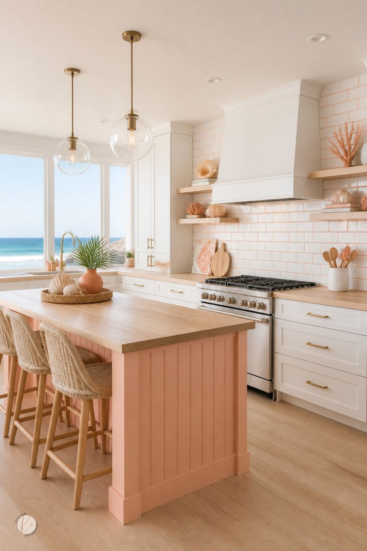 Coastal kitchen with white cabinets, peach island, wood countertops, ocean view windows, woven bar stools, glass globe pendant lights, brass hardware, white range hood, peach tile backsplash, seashell decor, and light wood floors.