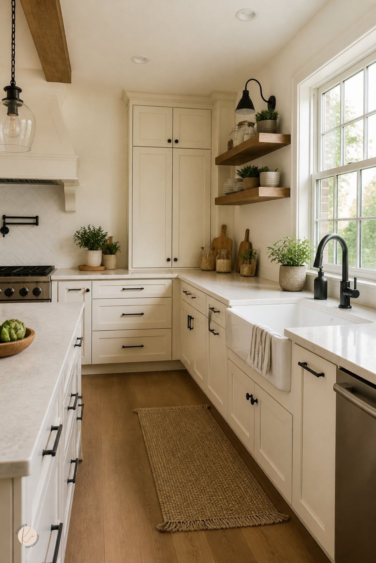Cream kitchen with black hardware, farmhouse sink, black faucet, open wood shelves, white countertops, light wood floors, jute runner rug, potted greenery, tall pantry cabinet, stainless range, and a soft modern farmhouse design.