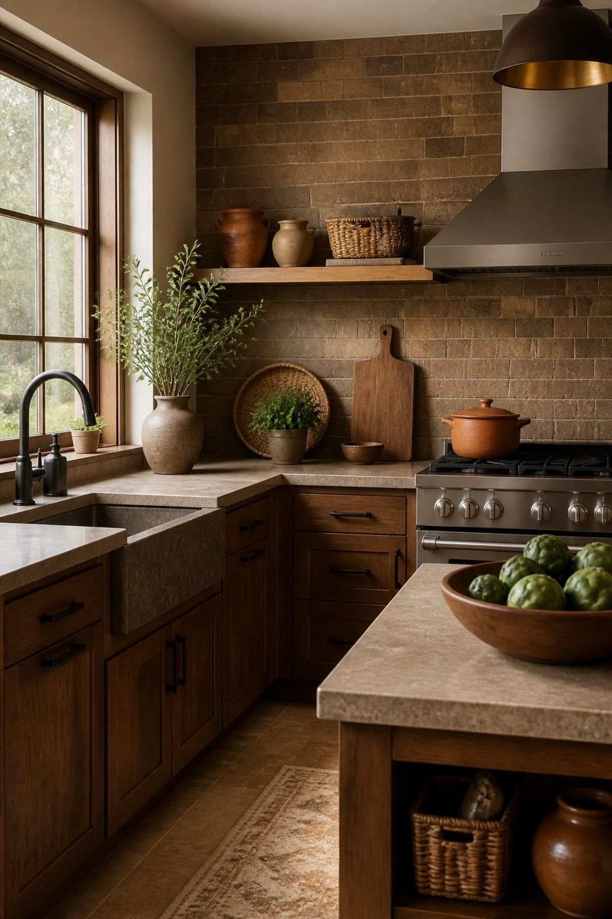 Rustic kitchen with warm wood cabinets, beige stone countertops, brick tile backsplash, farmhouse sink, black faucet, stainless range hood, open wood shelf, clay pots, woven baskets, cutting board, potted greenery, and a bowl of artichokes on the island.