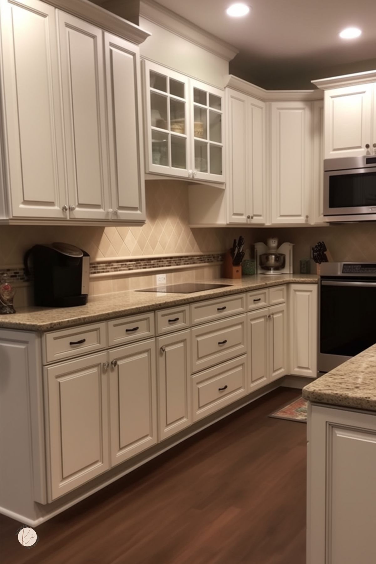 Traditional cream kitchen with raised panel cabinets, glass-front uppers, granite countertops, beige diamond tile backsplash with mosaic trim, stainless appliances, dark wood floors, recessed lighting, and a small island edge in the foreground.