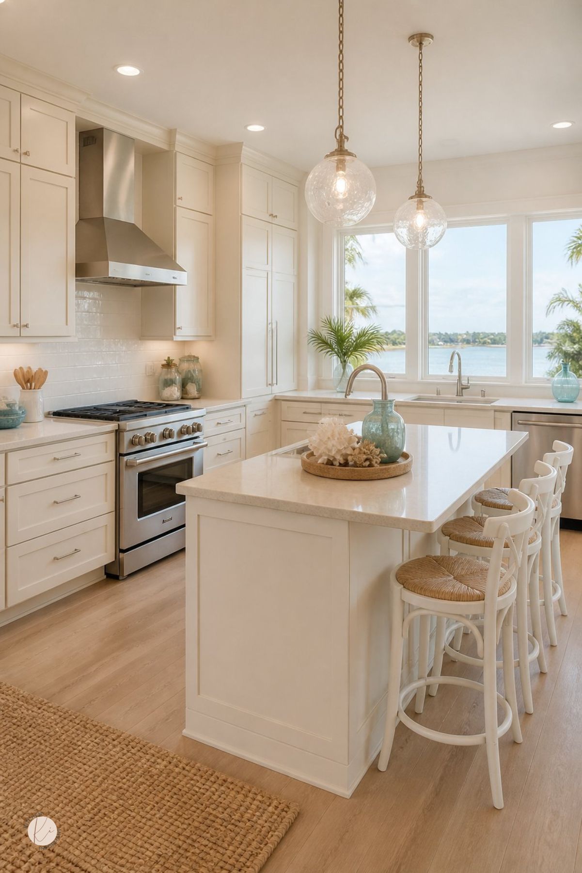 Coastal white kitchen with shaker cabinets, white island, stainless range, white subway tile backsplash, glass globe pendant lights, woven stools, light wood floors, jute rug, sea glass decor, coral centerpiece, and large windows overlooking the water.