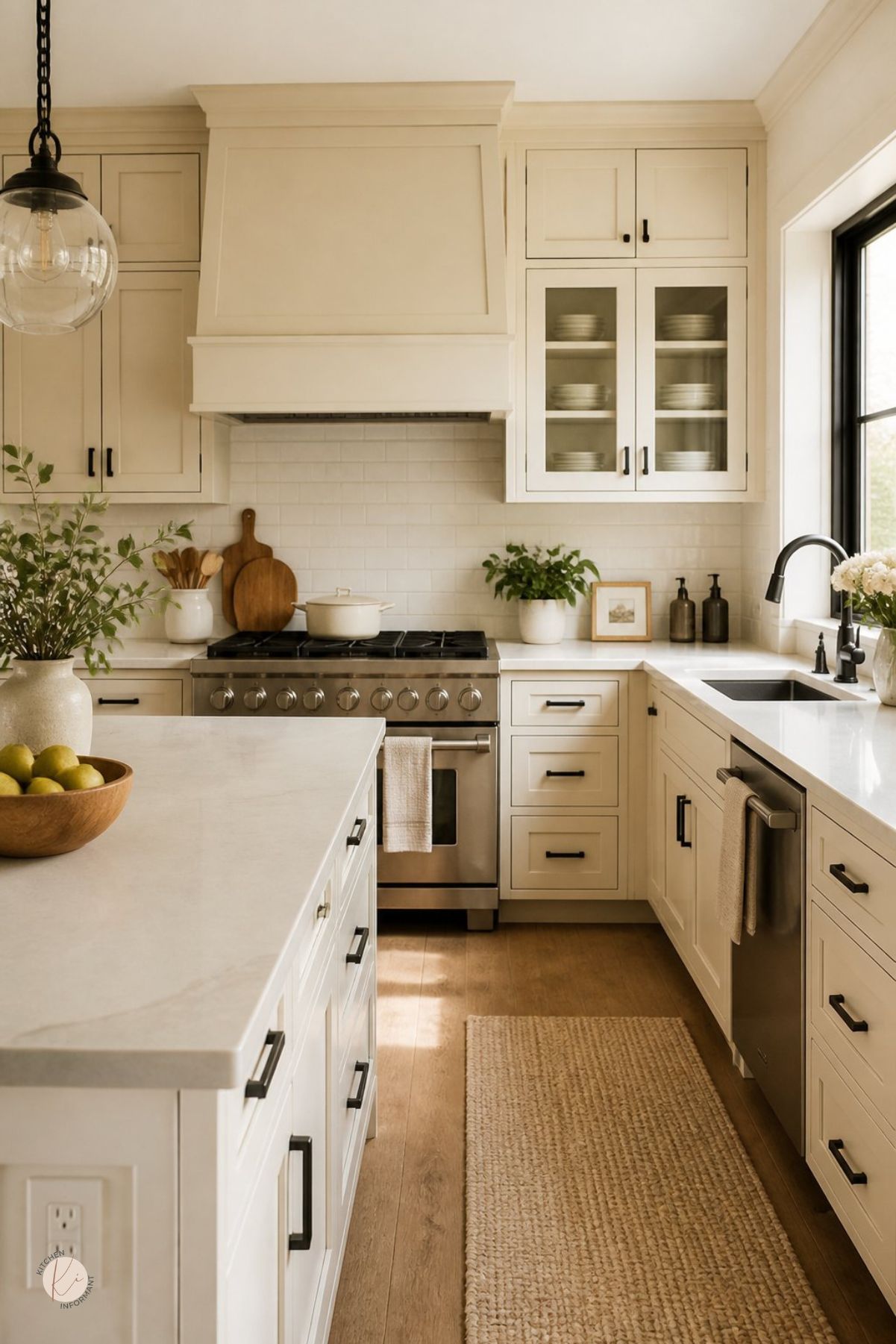 Cream kitchen with black hardware, white countertops, subway tile backsplash, paneled range hood, stainless range, glass-front cabinets, black-framed window, farmhouse sink, wood floors, jute runner rug, potted greenery, and a bowl of green pears on the island.