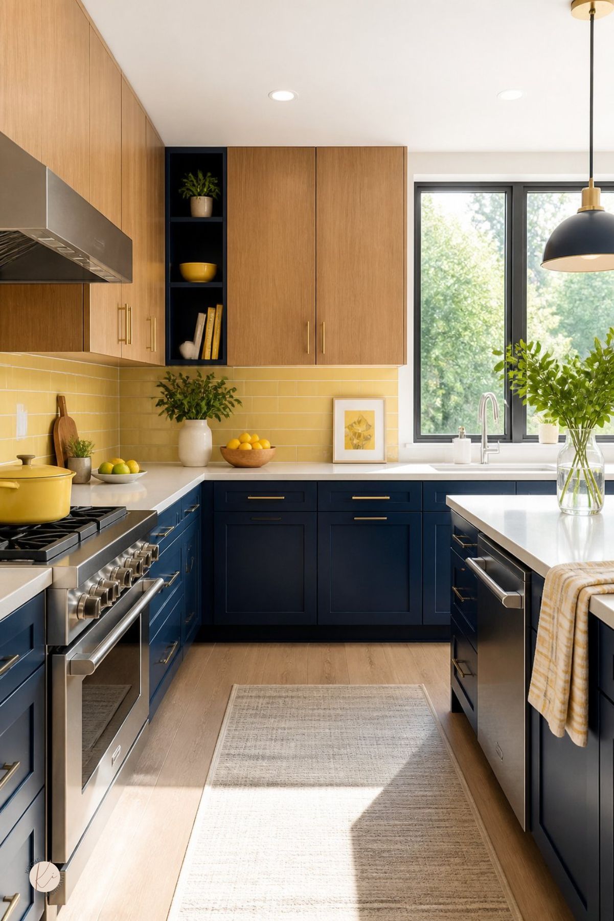 Blue, yellow, and wood kitchen with navy island, warm oak cabinets, glossy yellow tile backsplash, white countertops, stainless appliances, black pendant lights, wood stools, bowl of lemons, potted greenery, blue patterned runner rug, and light wood floors.