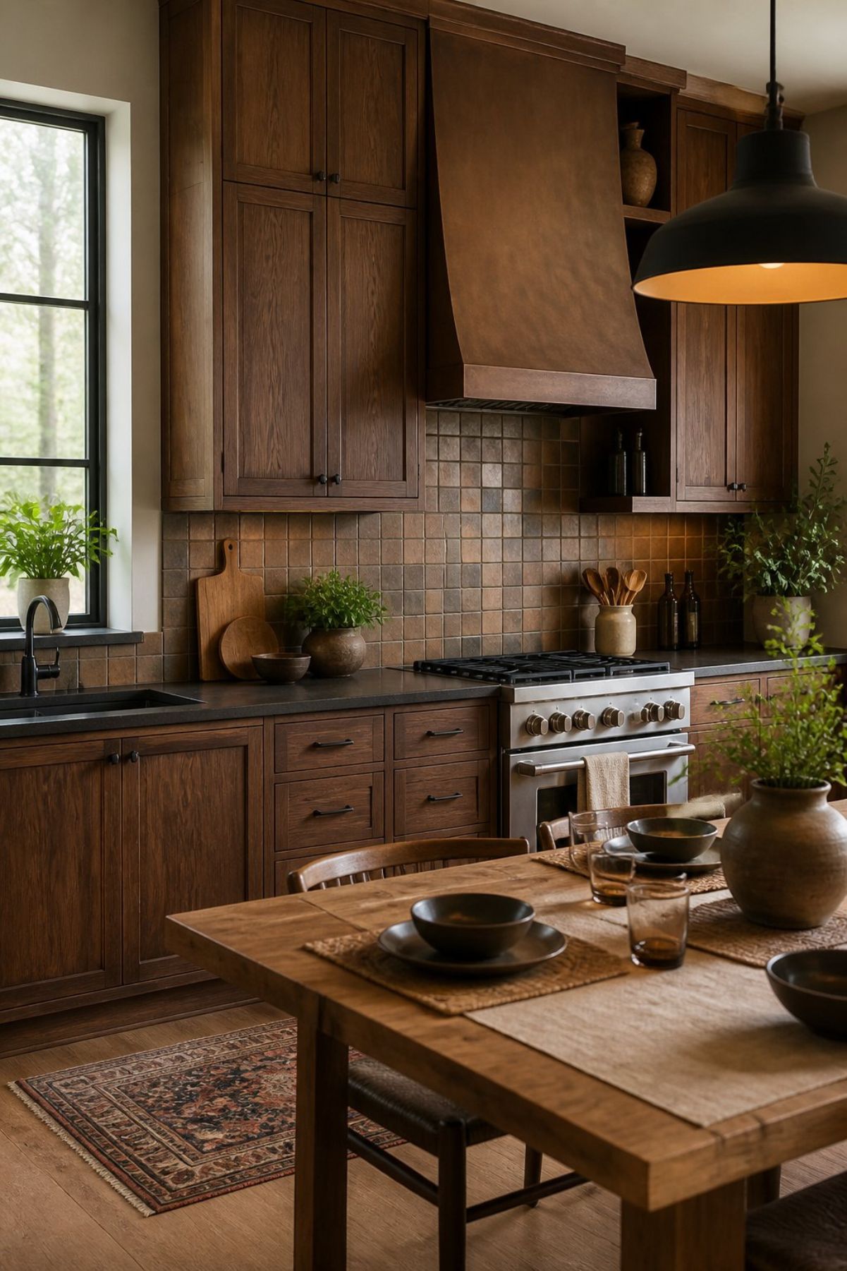 Rustic kitchen with dark wood cabinets, square tile backsplash, black countertops, copper-toned range hood, stainless range, black-framed window, wood dining table, pendant light, potted greenery, vintage runner rug, and simple place settings.