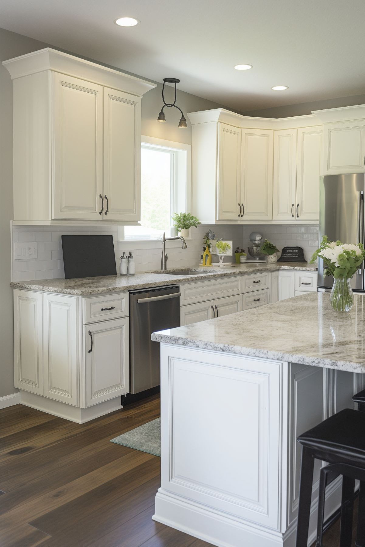 Bright cream kitchen with raised panel cabinets, granite countertops, white subway tile backsplash, stainless appliances, wood floors, black stools, large island, recessed lighting, potted greenery, and white flowers in a glass vase.