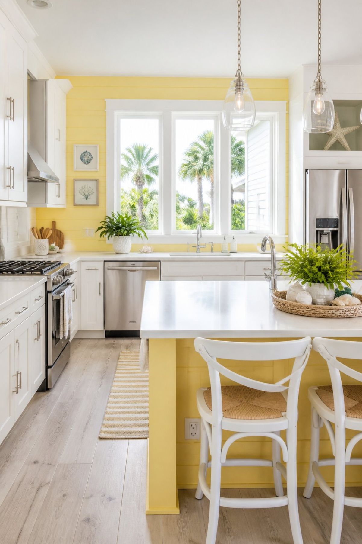 Coastal kitchen with white cabinets, yellow shiplap walls, yellow island, white countertops, glass pendant lights, stainless range and dishwasher, white stools, palm tree window view, striped runner rug, shell wall art, and greenery centerpiece.