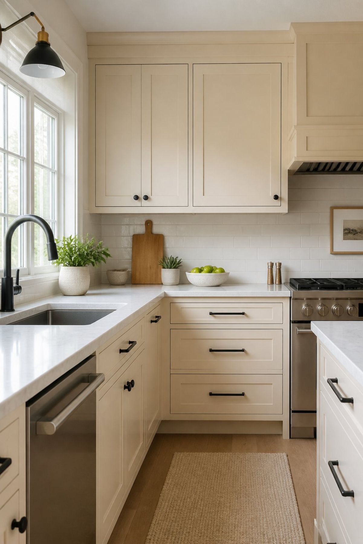Cream kitchen with black hardware, white countertops, farmhouse sink, black faucet, white subway tile backsplash, stainless range, potted greenery, wood cutting board, bowl of green apples, black wall sconce, light wood floors, and a woven runner rug.