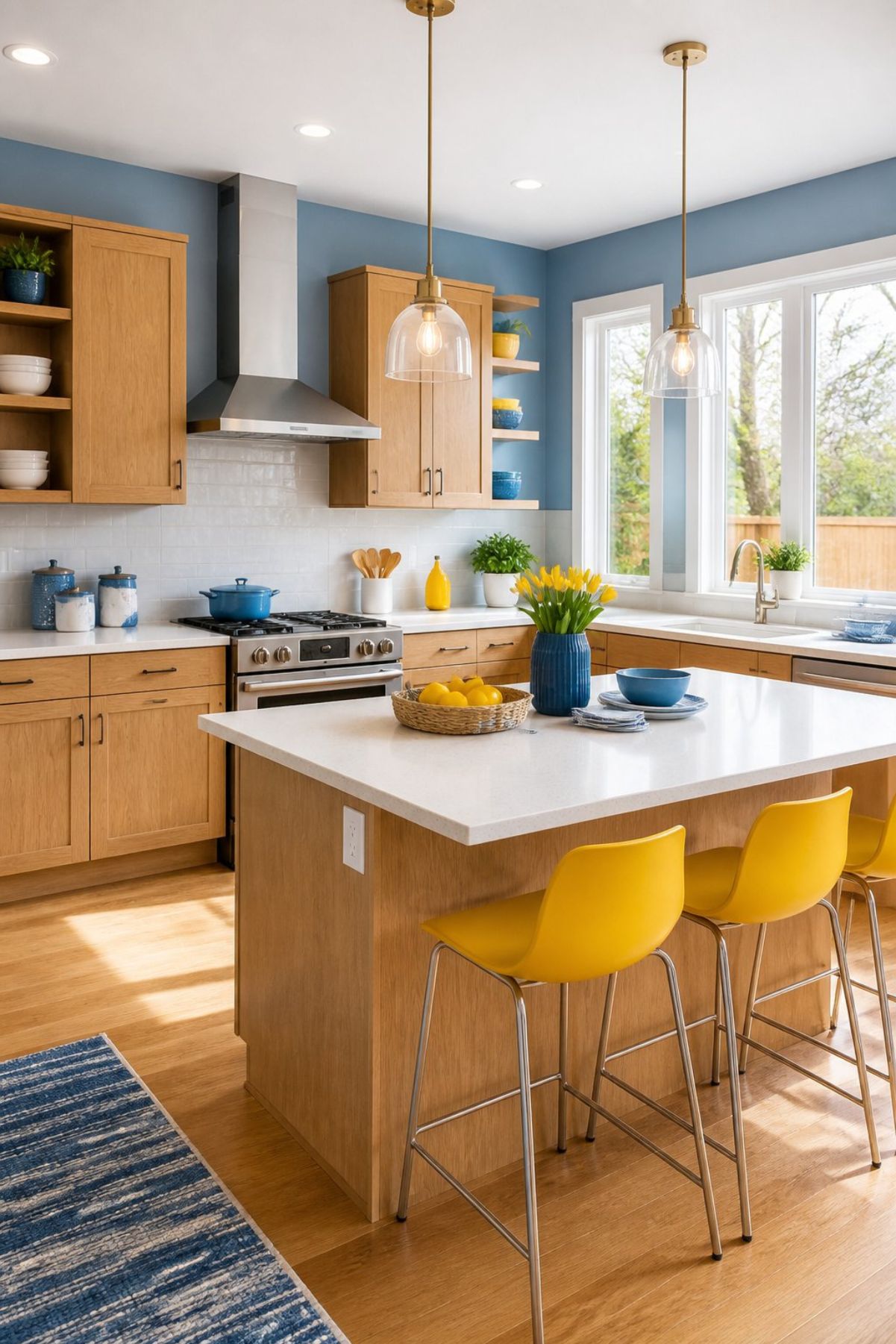 Blue, yellow, and wood kitchen with warm oak cabinets, soft blue walls, white countertops, yellow bar stools, glass pendant lights, stainless range hood, open shelves, blue accents, yellow tulips, lemons, large windows, blue runner rug, and wood floors.