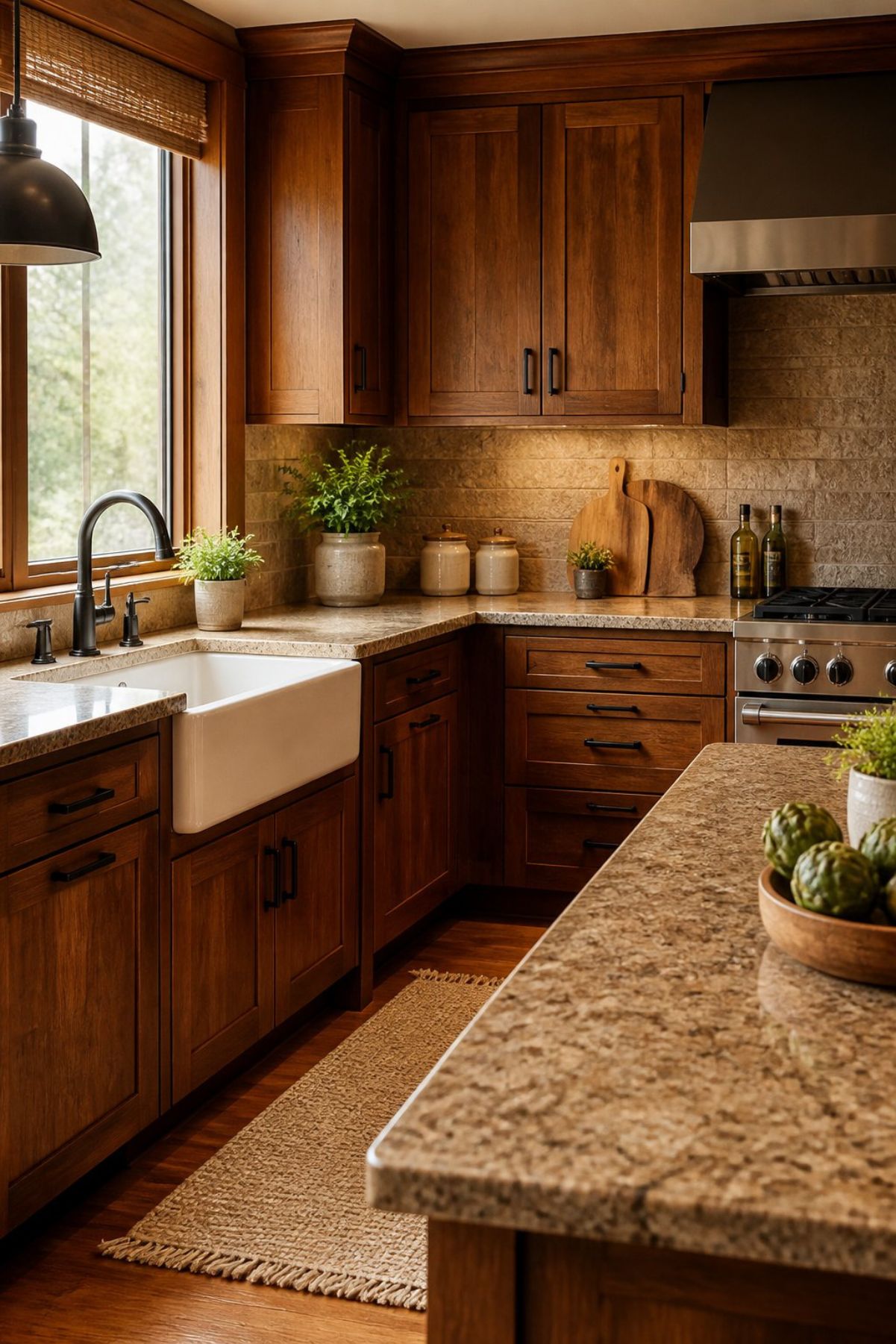 Rustic kitchen with rich wood cabinets, granite countertops, farmhouse sink, black faucet, textured tile backsplash, stainless range hood, woven window shade, potted herbs, cutting boards, jute runner rug, and artichokes on the island.