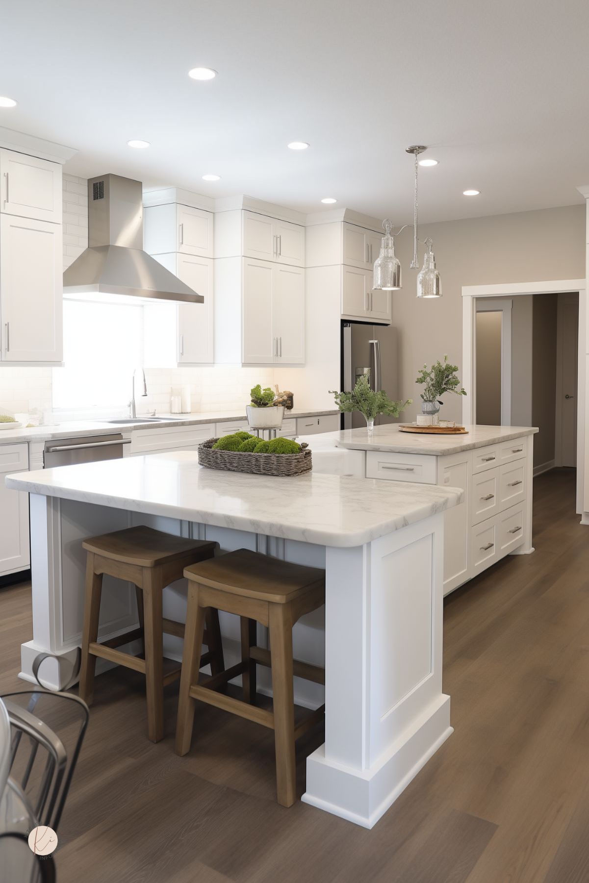 Bright white kitchen with shaker cabinets, marble countertops, two large islands, stainless range hood, glass pendant lights, wood floors, wood stools, recessed lighting, greenery, and a woven tray centerpiece with moss.