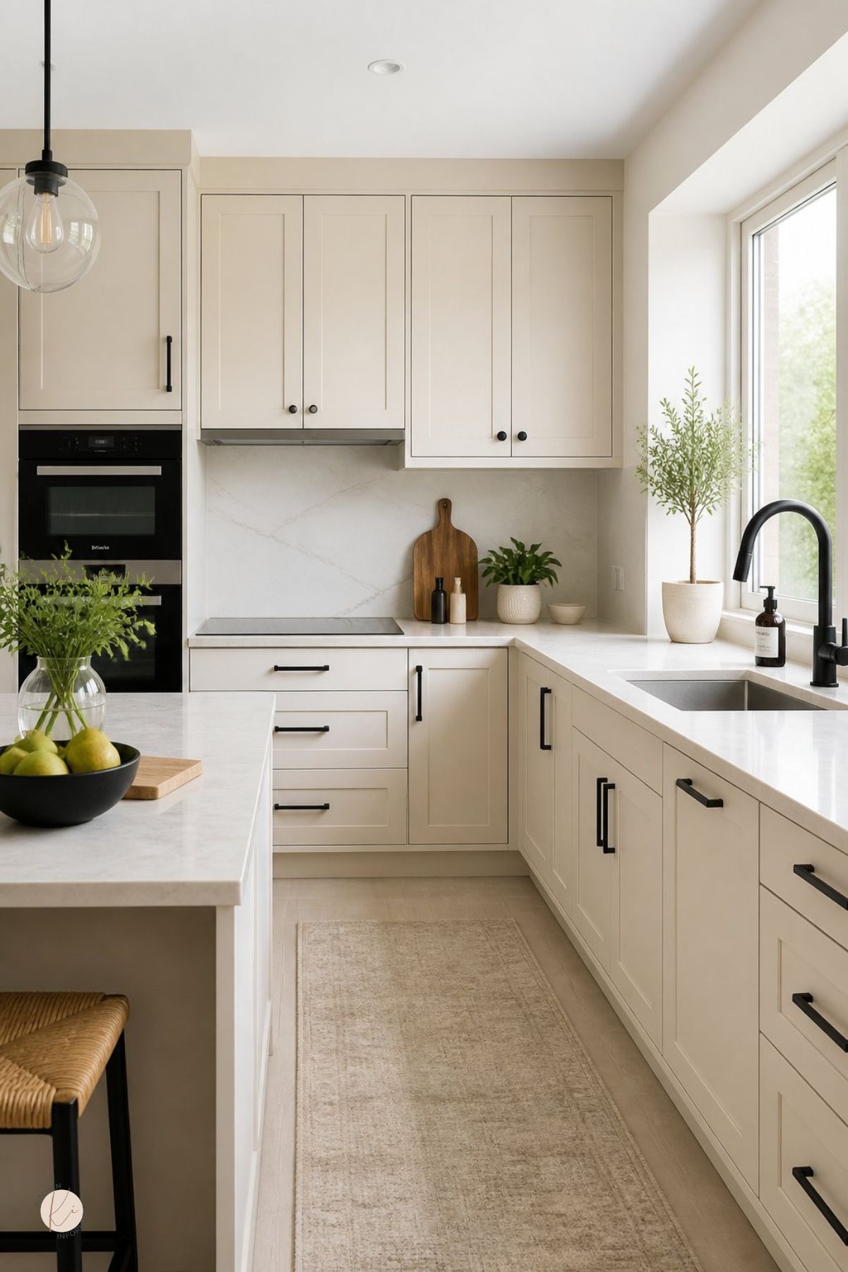 Cream kitchen with black hardware, marble countertops, black faucet, large window, built-in wall oven, soft runner rug, woven stool, potted greenery, wood cutting board, black bowl of green pears, and a bright modern farmhouse design.