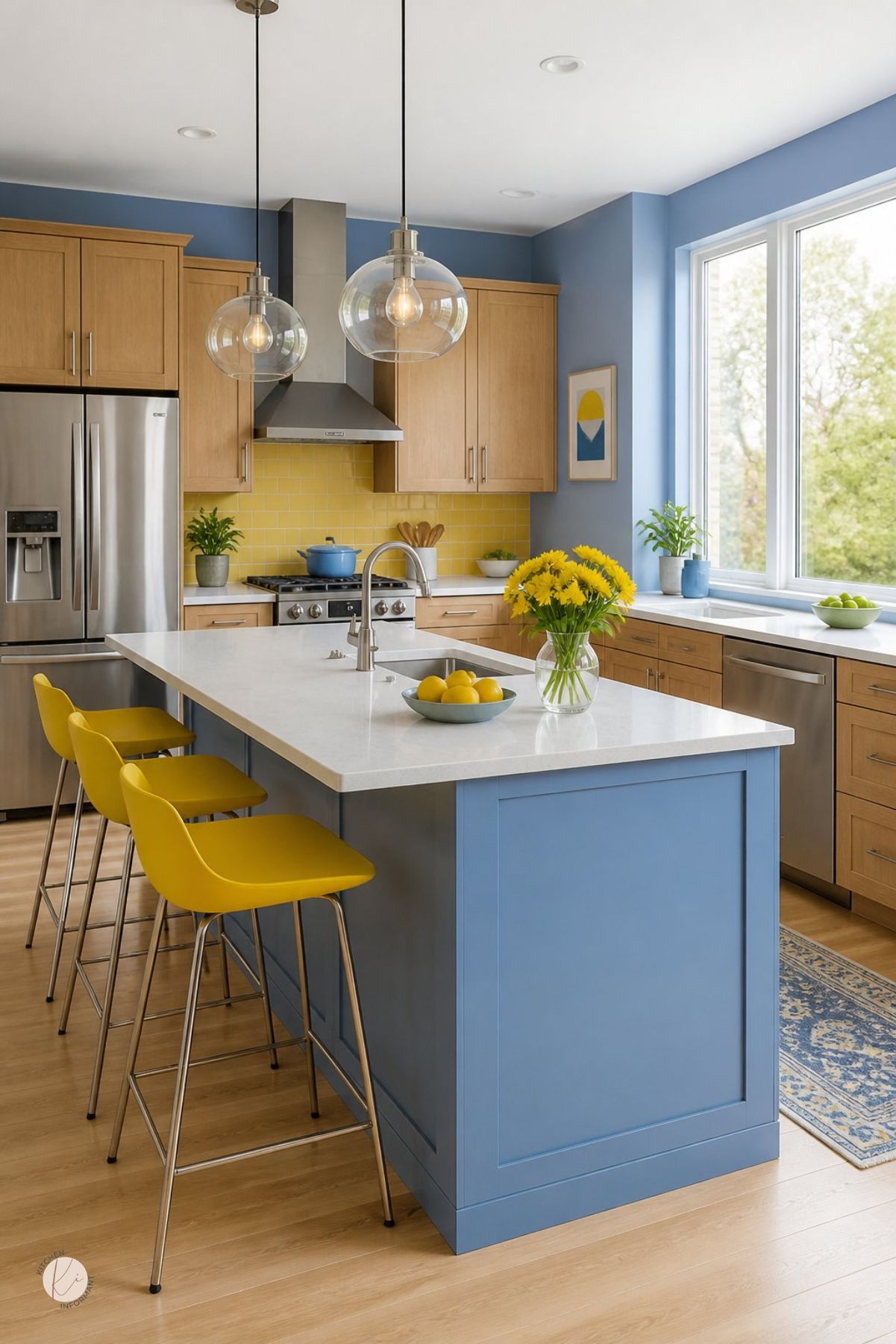 Blue and yellow kitchen with light oak cabinets, soft blue walls and island, yellow tile backsplash, white countertops, yellow bar stools, glass globe pendant lights, stainless appliances, yellow flowers, lemons, patterned runner rug, and wood floors.