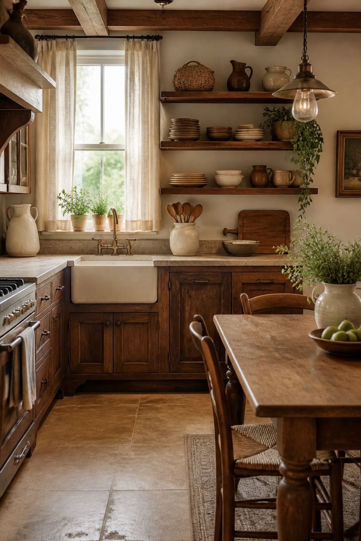 Country rustic kitchen with dark wood cabinets, open shelves, farmhouse sink, stone floors, exposed wood beams, sheer curtains, potted herbs, stacked dishes, vintage pottery, hanging pendant light, and a wood dining table with simple chairs.