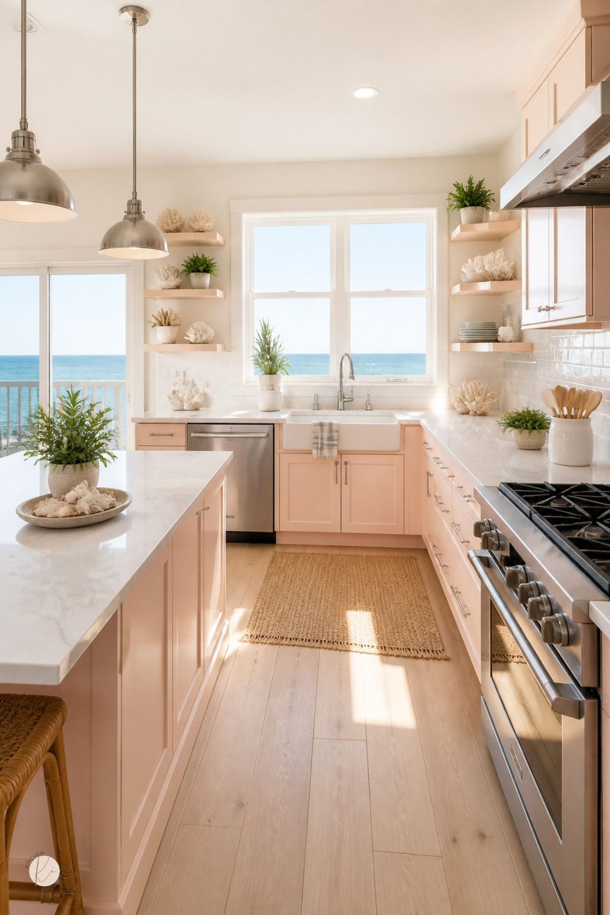 Coastal kitchen with soft peach cabinets, white marble countertops, farmhouse sink, stainless range, open shelves, brushed metal pendant lights, ocean view windows, woven rug, shell decor, potted greenery, and light wood floors.