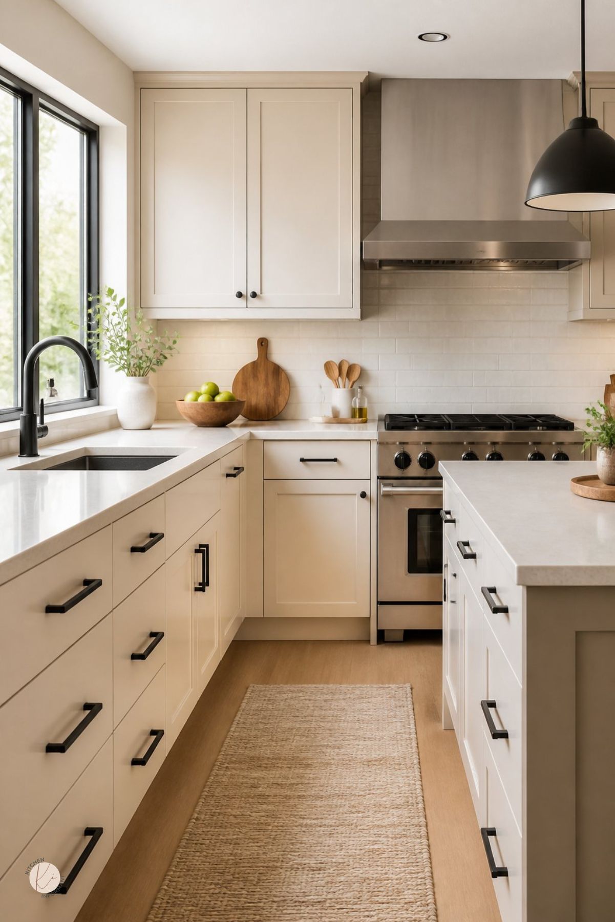 Cream kitchen with black hardware, white countertops, stainless range hood, black-framed window, black faucet, light wood floors, woven runner rug, black pendant light, potted greenery, wood cutting boards, and a bowl of green apples.