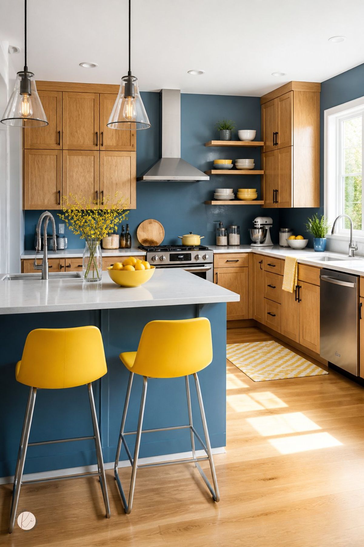 Blue and yellow kitchen with warm oak cabinets, blue walls and island, white countertops, yellow bar stools, stainless range hood, open wood shelves, glass pendant lights, yellow flowers, lemons, potted greenery, and wood floors.