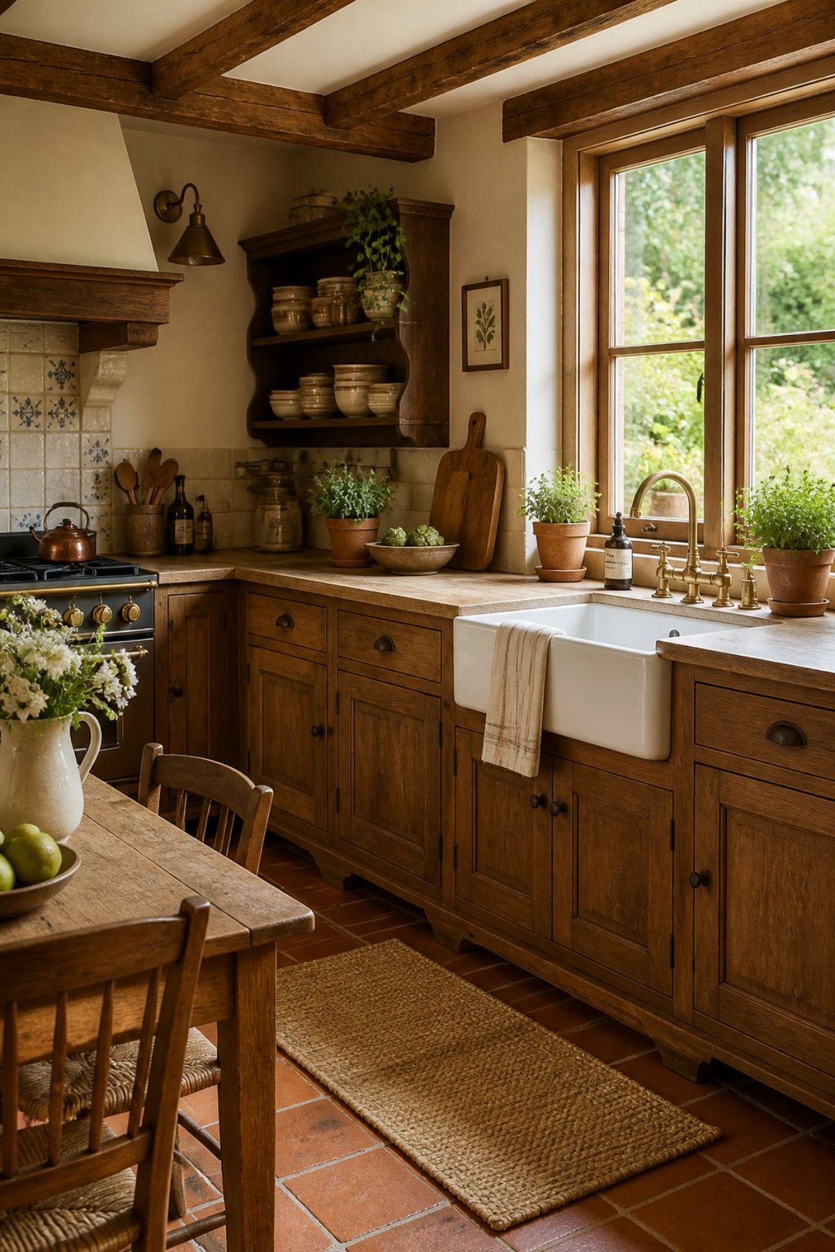 Country rustic kitchen with warm wood cabinets, farmhouse sink, brass bridge faucet, exposed beams, terracotta tile floor, open shelves, potted herbs, patterned tile backsplash, wood dining table, woven runner rug, and natural light from large windows.