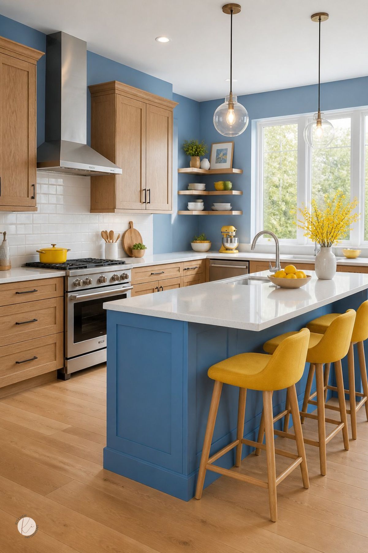 Blue and yellow kitchen with warm oak cabinets, soft blue walls and island, white countertops, yellow bar stools, glass globe pendant lights, stainless range, open wood shelves, yellow flowers, lemons, large windows, and light wood floors.