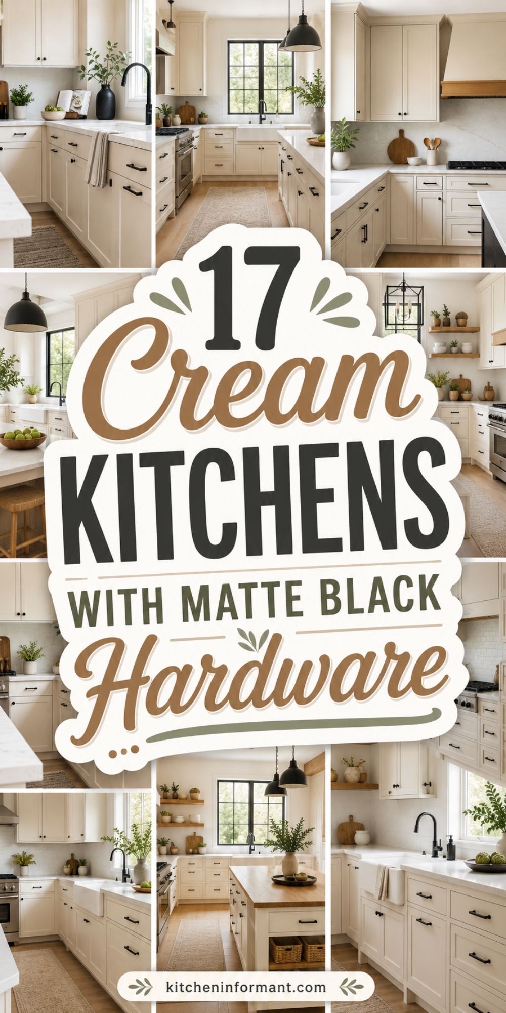 Collage of cream kitchens with matte black hardware, white countertops, farmhouse sinks, black faucets, wood accents, pendant lights, and potted greenery. Text reads “17 Cream Kitchens With Matte Black Hardware” and “kitcheninformant.com.”