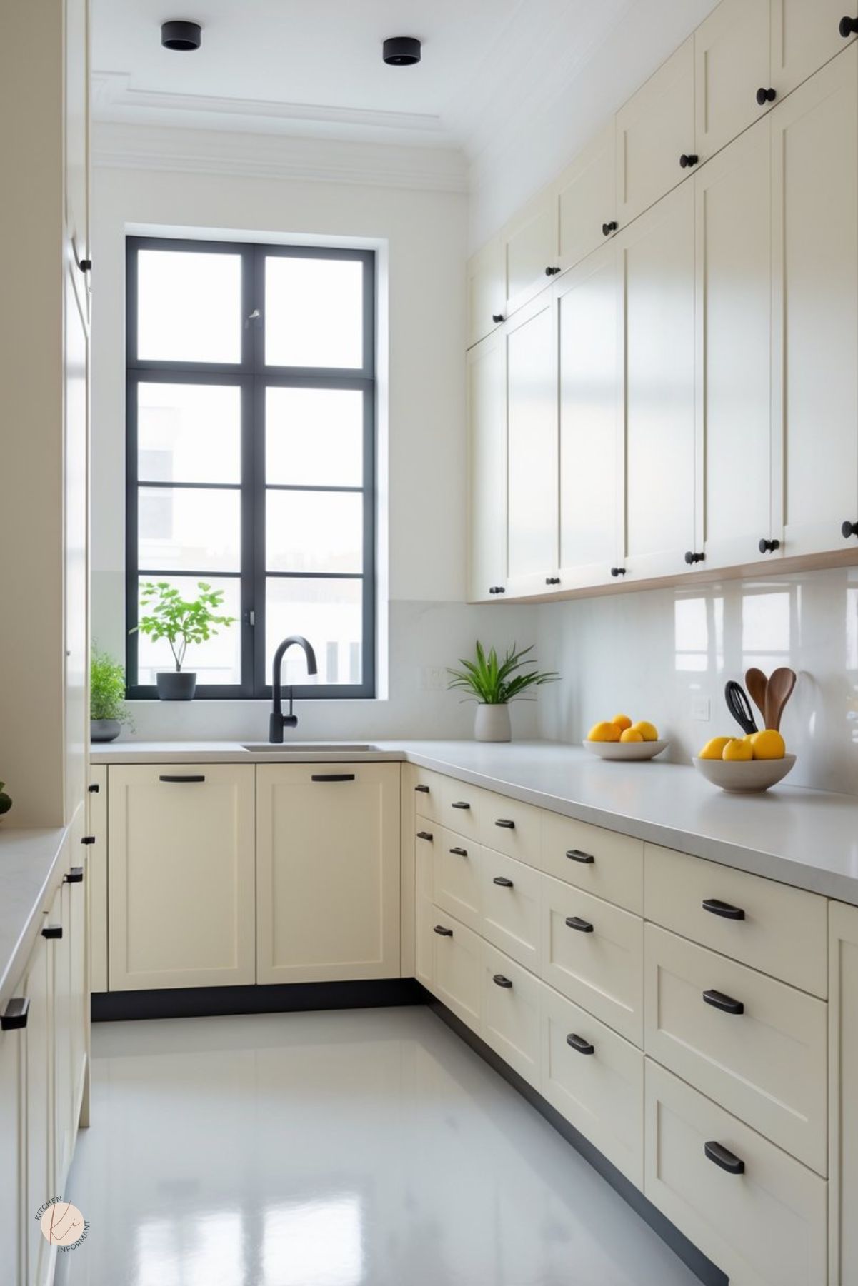 Cream galley kitchen with black hardware, white countertops, black-framed window, black faucet, glossy light floor, tall upper cabinets, potted greenery, bowls of lemons, and a clean modern kitchen design.