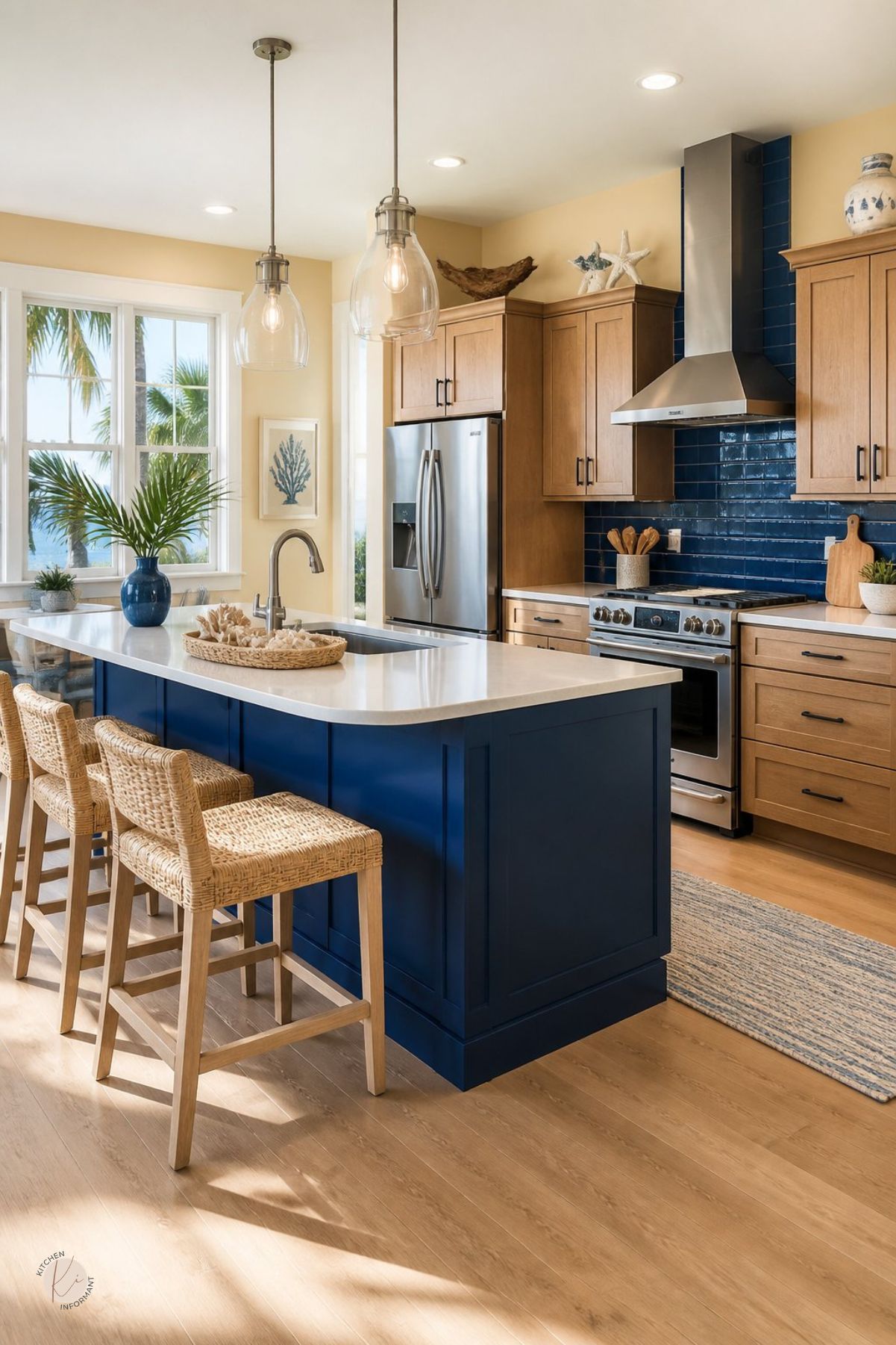 Blue and wood coastal kitchen with navy island, glossy blue tile backsplash, warm oak cabinets, white countertops, stainless appliances, glass pendant lights, wicker bar stools, palm view windows, coral decor, potted greenery, and light wood floors.