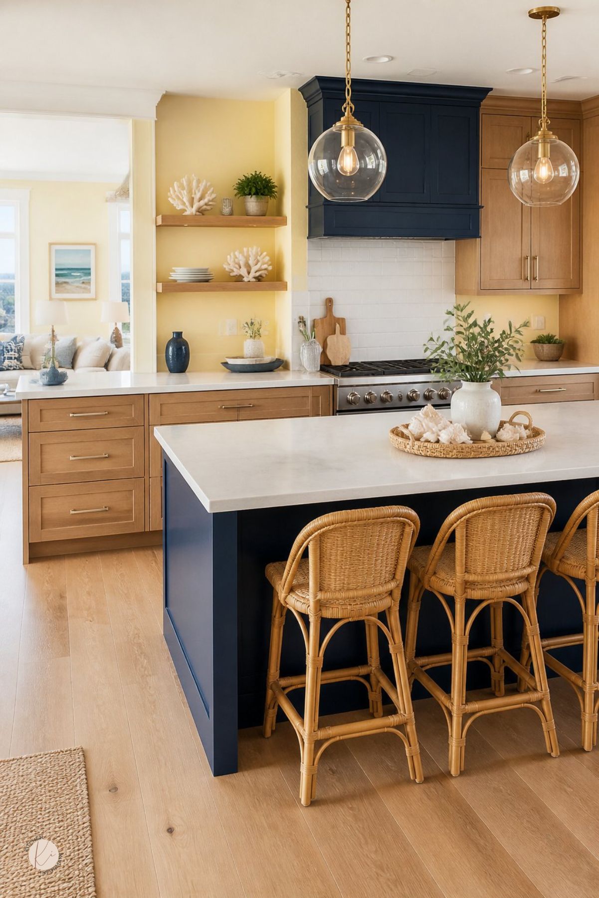 Coastal blue and wood kitchen with navy island and range hood, warm oak cabinets, yellow walls, white countertops, brass globe pendant lights, wicker bar stools, open wood shelves, coral decor, greenery, and light wood floors.