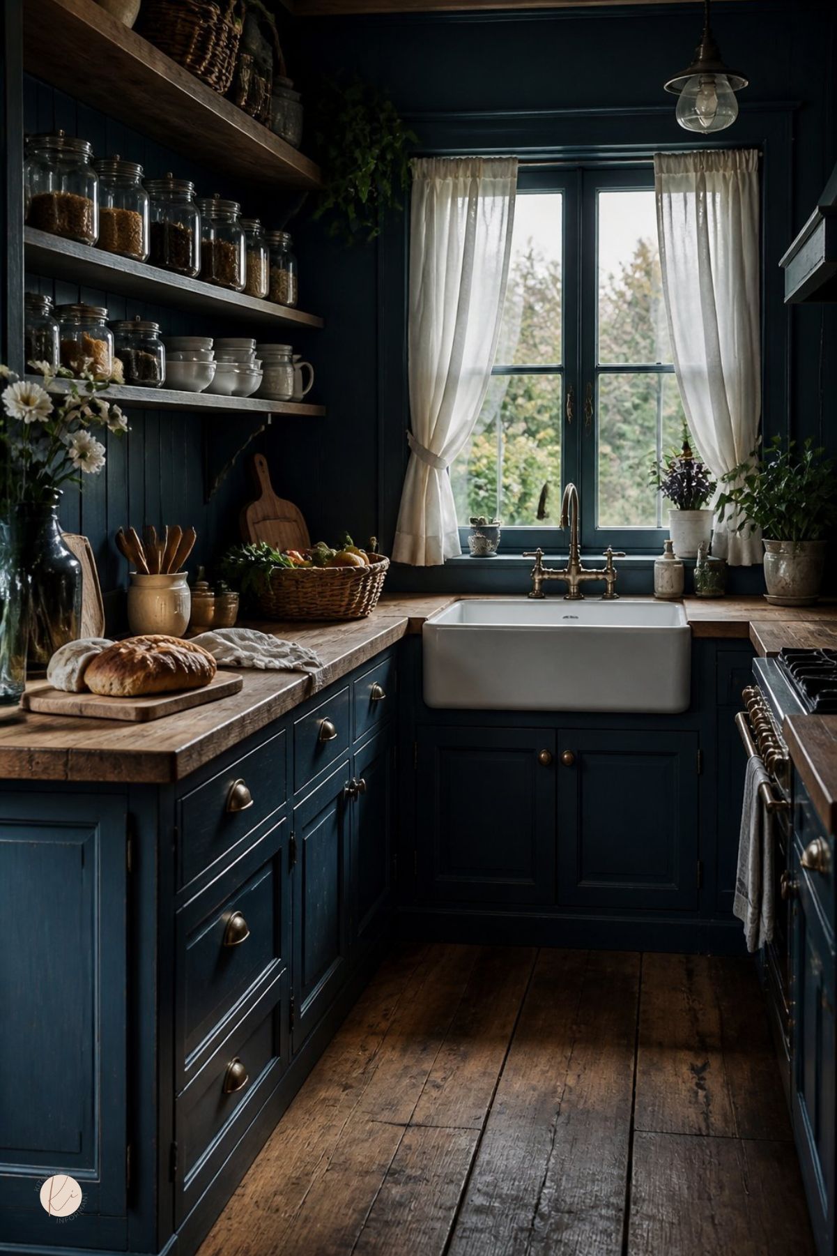 Moody cottage kitchen with navy blue cabinets, rustic wood countertops, farmhouse sink, brass bridge faucet, open shelves with glass pantry jars, white cafe curtains, fresh bread, flowers, potted herbs, and aged wood floors.